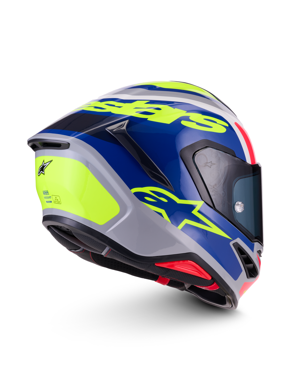 Alpinestars S-R7 Lumen, casque de moto racing intégral, argenté, bleu, rose et jaune, finition brillante, construction en composite de carbone, vue de profil arrière
