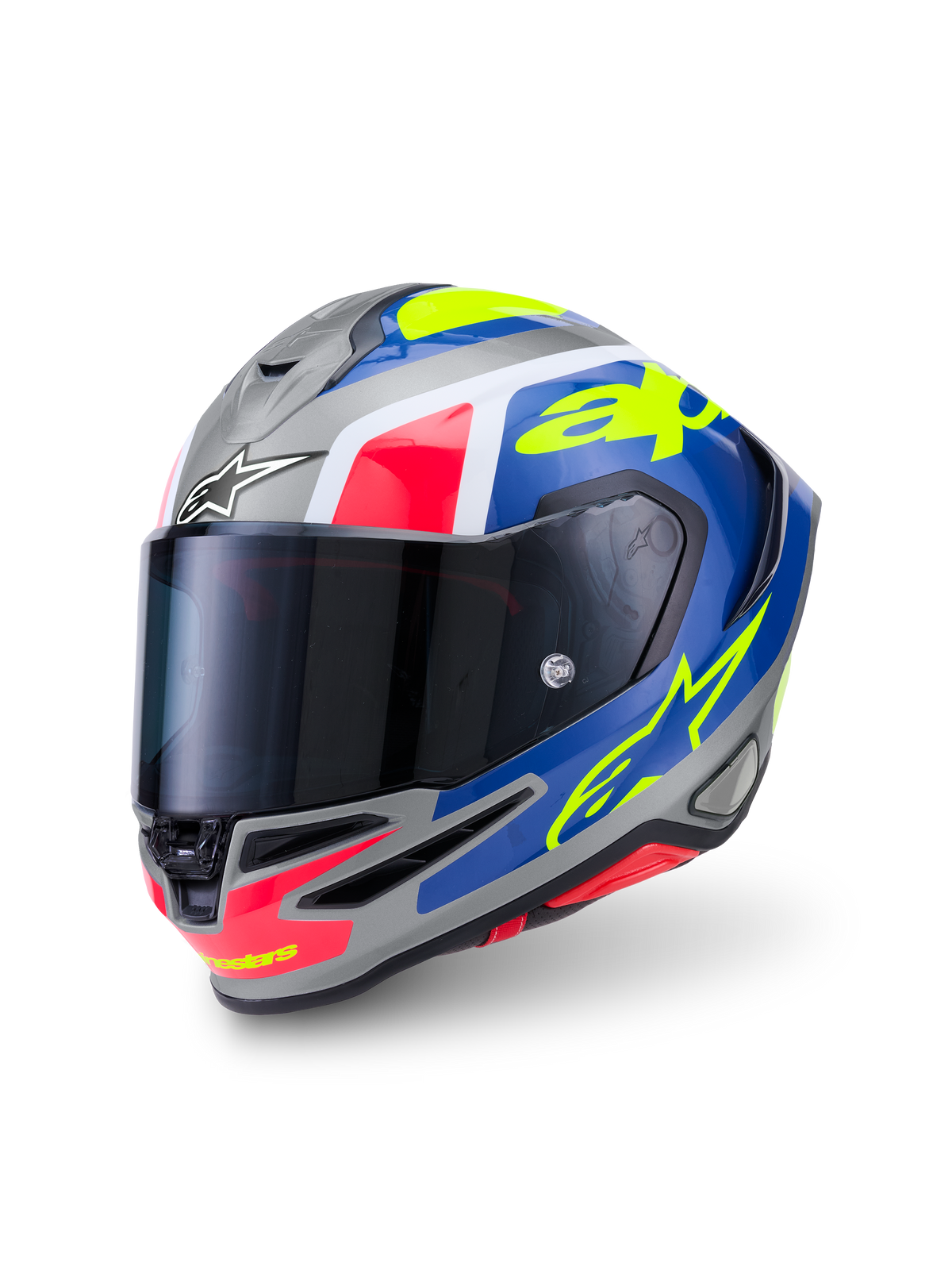 Alpinestars S-R7 Lumen, casque de moto intégral, argenté, bleu, rose et jaune, finition brillante avec construction en composite de carbone
