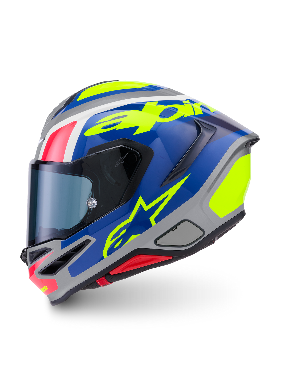 Alpinestars S-R7 Lumen, casque de moto intégral racing, argent, bleu, rose et jaune brillant, construction aérodynamique en composite de carbone