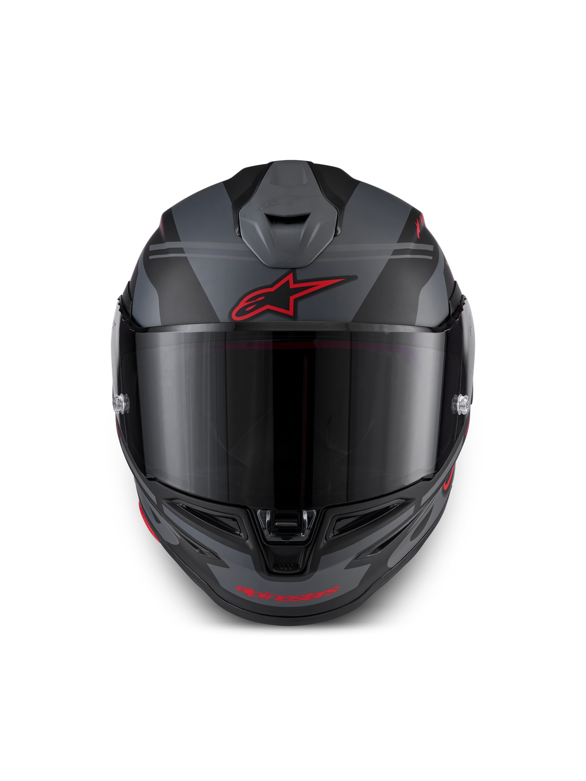 Casque S-R7 A-Core ECE 22.06 d'Alpinestars, casque intégral de moto racing, noir, gris et rouge, vue de face avec ventilation aérodynamique et visière claire