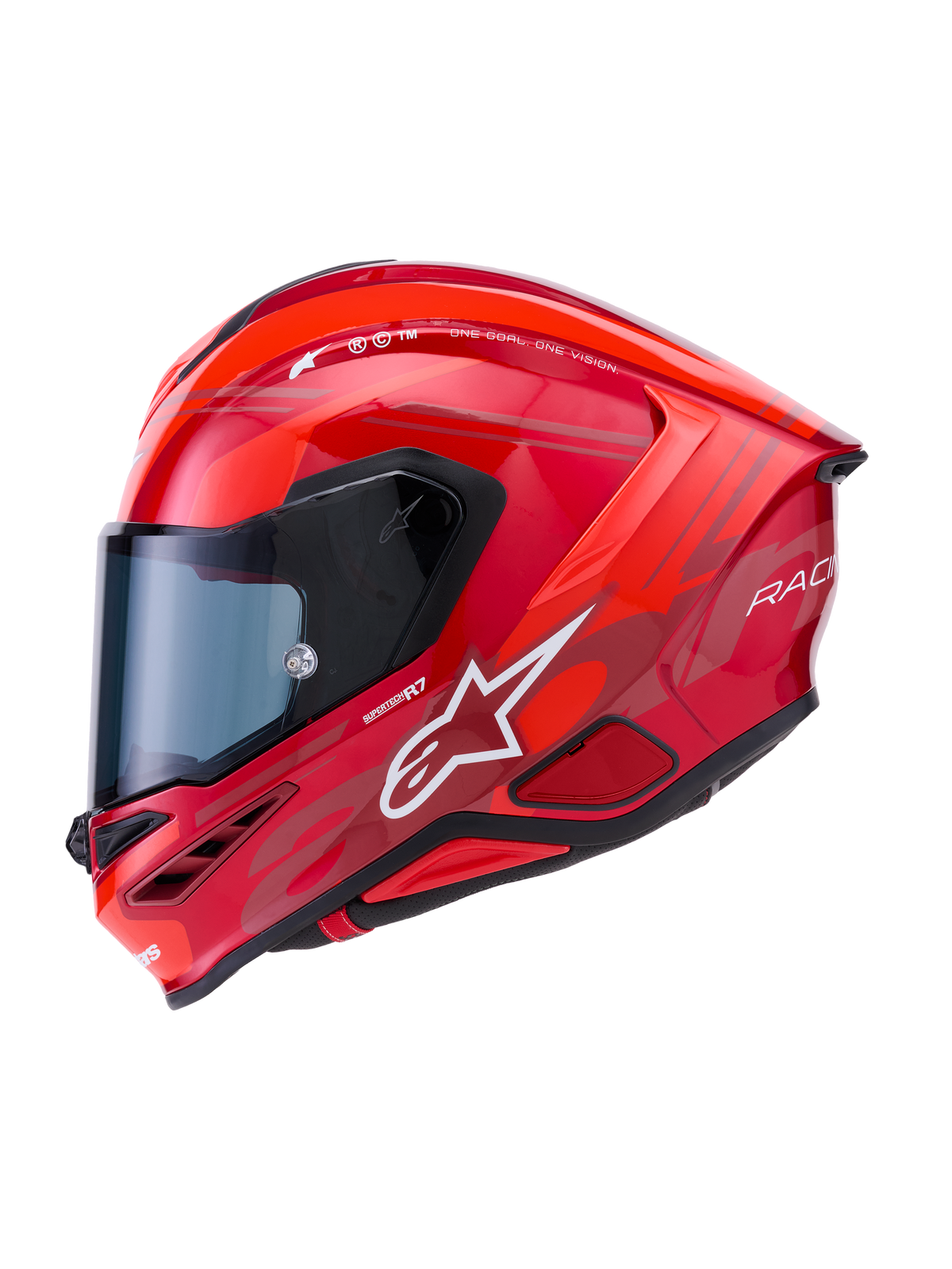Alpinestars S-R7 A-Core Helmet ECE 22.06, full-face motorcycle road racing helmet in Red and White glossy finish with aerodynamic carbon composite shell and tinted visor