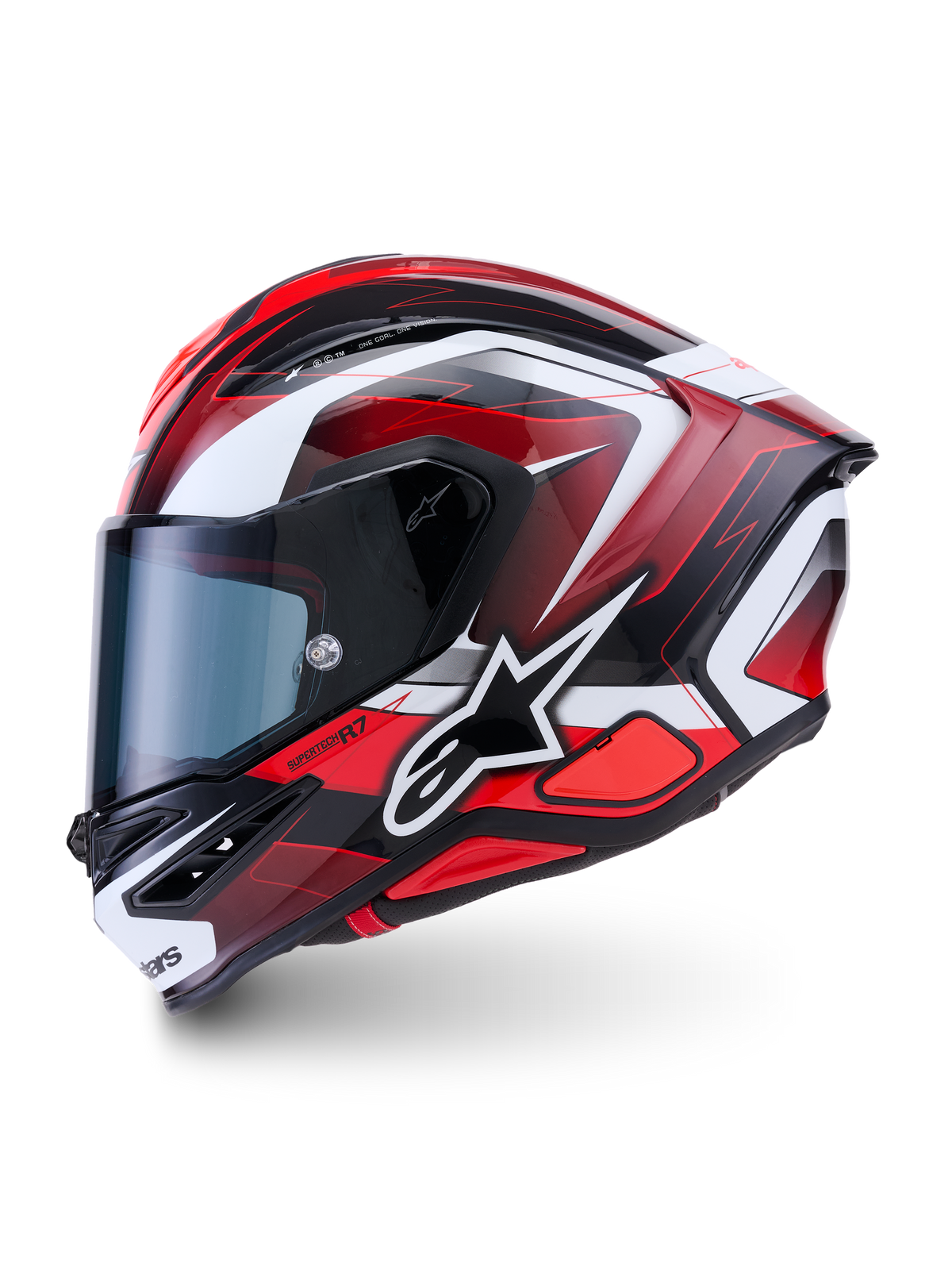 Alpinestars S-R7 Kinetis, casque de moto intégral racing, noir, rouge et blanc, finition brillante, construction en carbone certifiée ECE 22.06, vue de profil