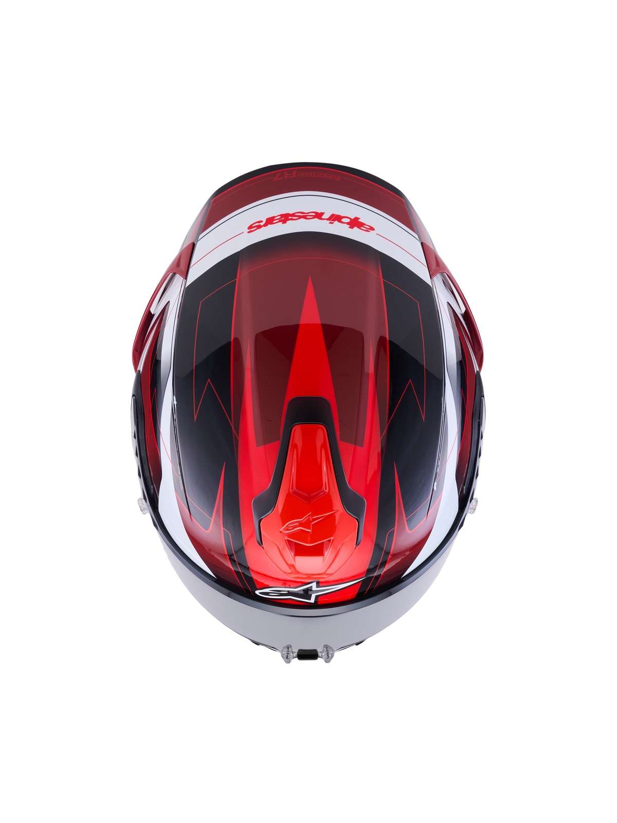 Alpinestars Casque S-R7 Kinetis, casque de moto intégral racing, noir, rouge et blanc brillant, vue de dessus montrant le design aérodynamique