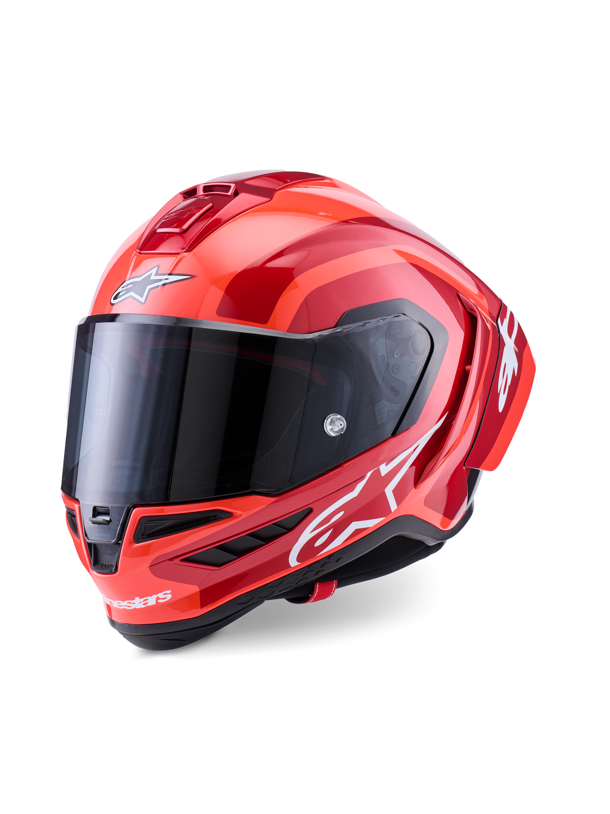 Casque Alpinestars Supertech R10 Arius, casque intégral de course, rouge et orange brillant, avec logos Alpinestars blancs, visière teintée foncée, design aérodynamique en composite de carbone avec système de refroidissement multi-ventilation