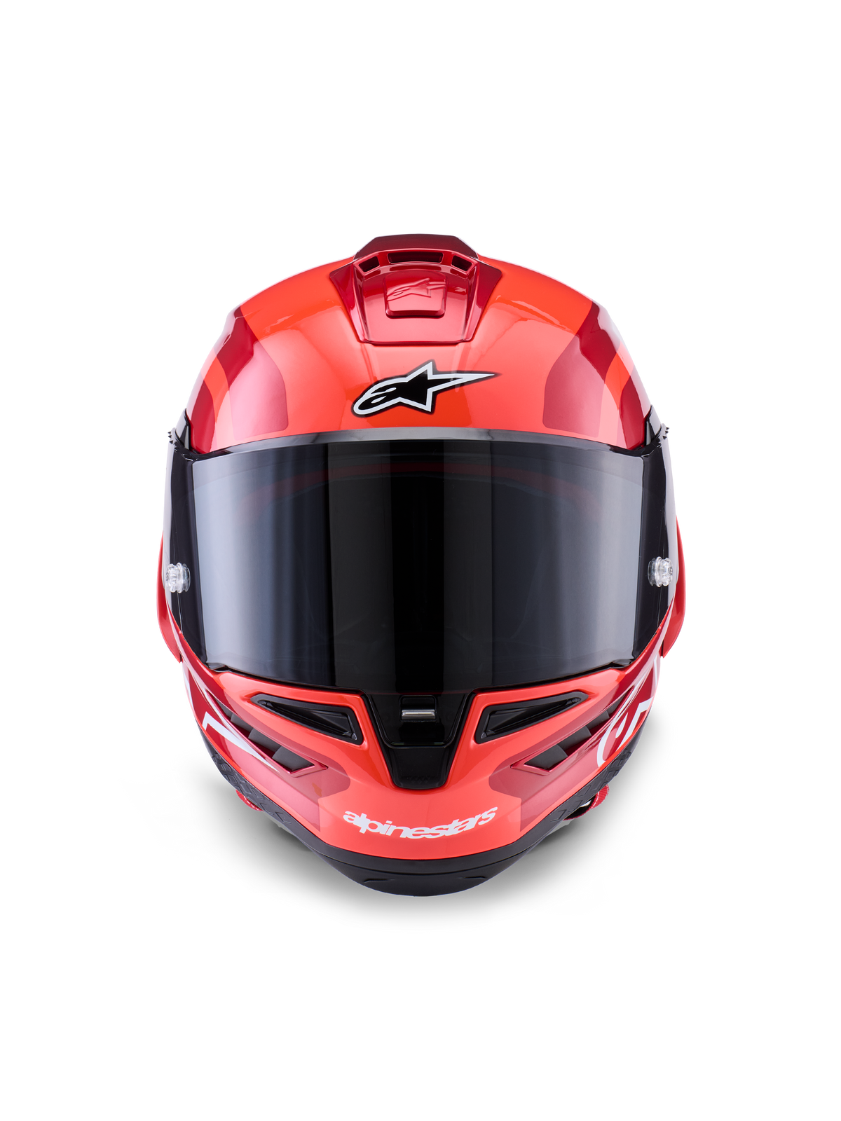 Casque Alpinestars Supertech R10 Arius, casque intégral de course, rouge avec accents blancs et noirs, vue de face avec visière fumée foncée, logo Alpinestars sur le front et le menton, finition brillante avec ports de ventilation aérodynamiques