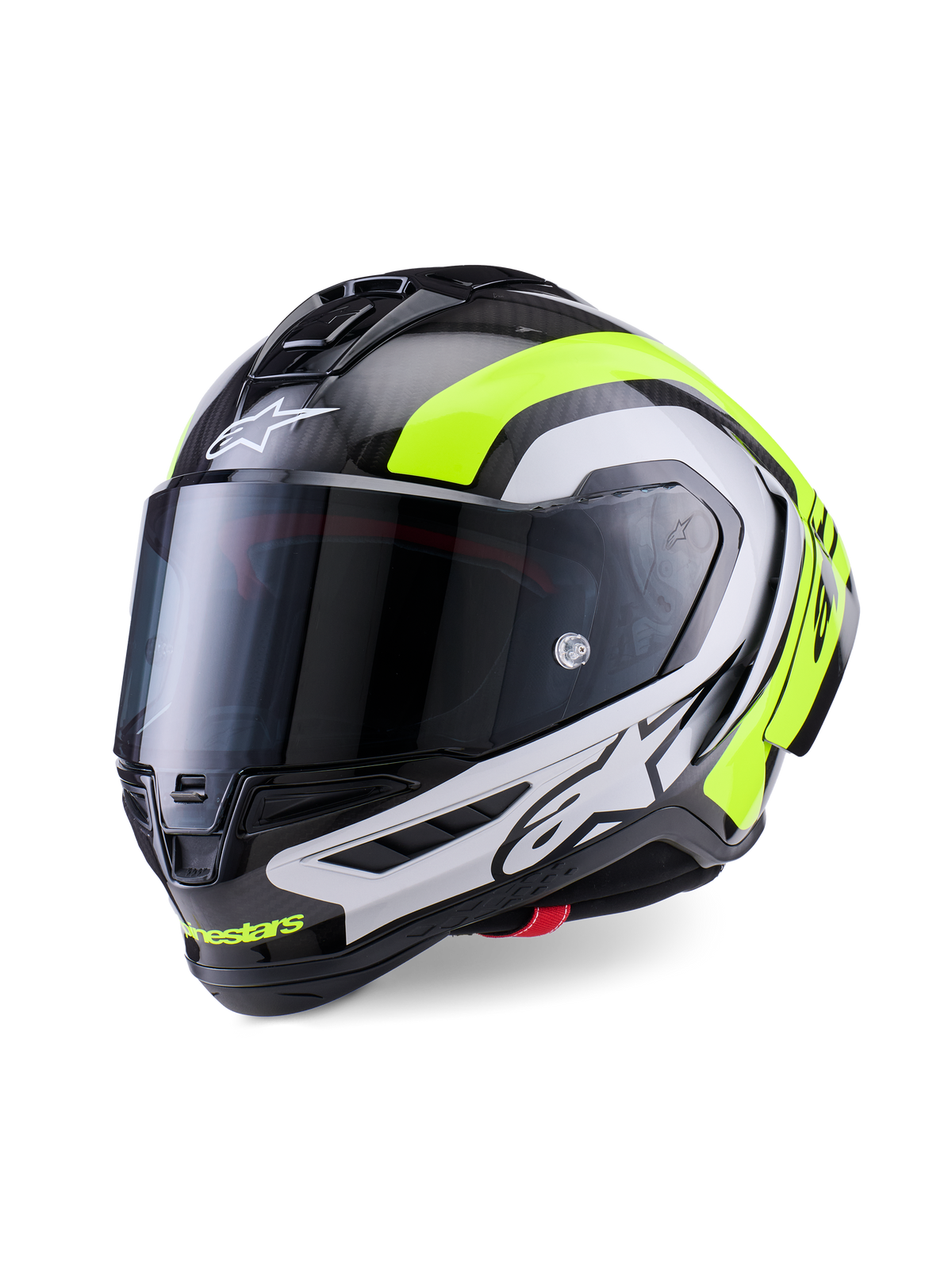 Alpinestars Supertech R10 Arius Helmet, professional racing motorcycle helmet, Glossy Black Carbon with Silver and Fluorescent Yellow accents, featuring a dark smoke visor, aerodynamic winglets, and bold Alpinestars branding