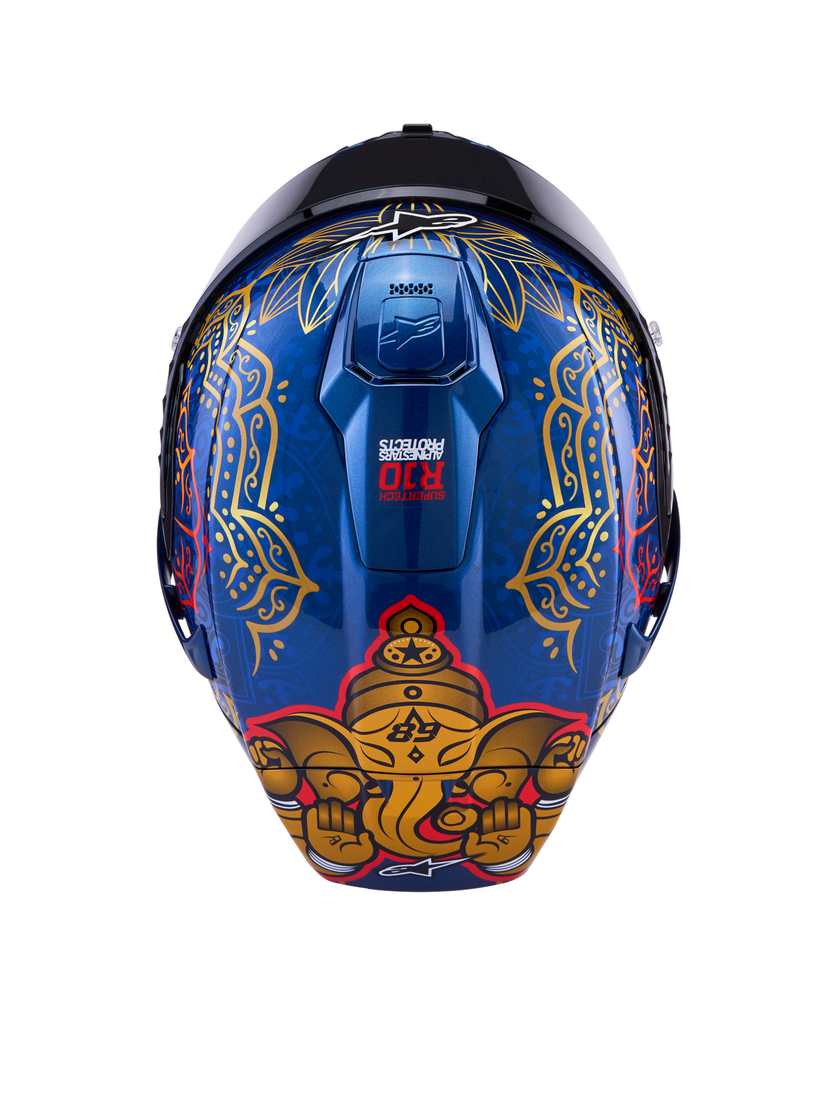 Alpinestars Supertech R10 Martinator Thai Helmet, glossy blue carbon shell with gold elephant graphic and intricate rear patterns.