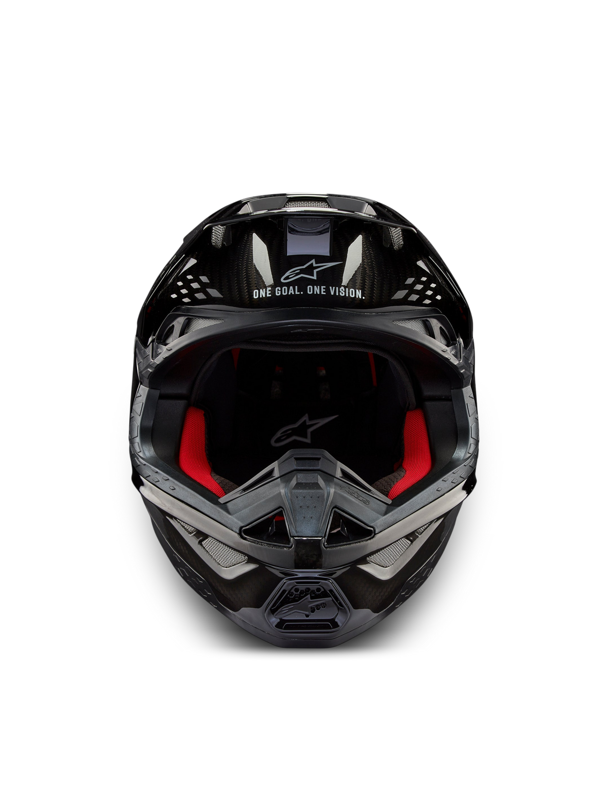 Casque Supertech M10 Solid ECE 22.06, casque de motocross noir carbone brillant, vue de face avec intérieur rouge et ouvertures de ventilation
