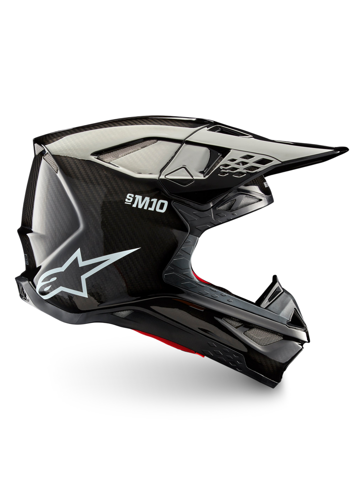 Casque Alpinestars Supertech M10 Solid ECE 22.06, casque de motocross tout-terrain noir en carbone brillant, vue de profil avec visière et ouvertures de ventilation