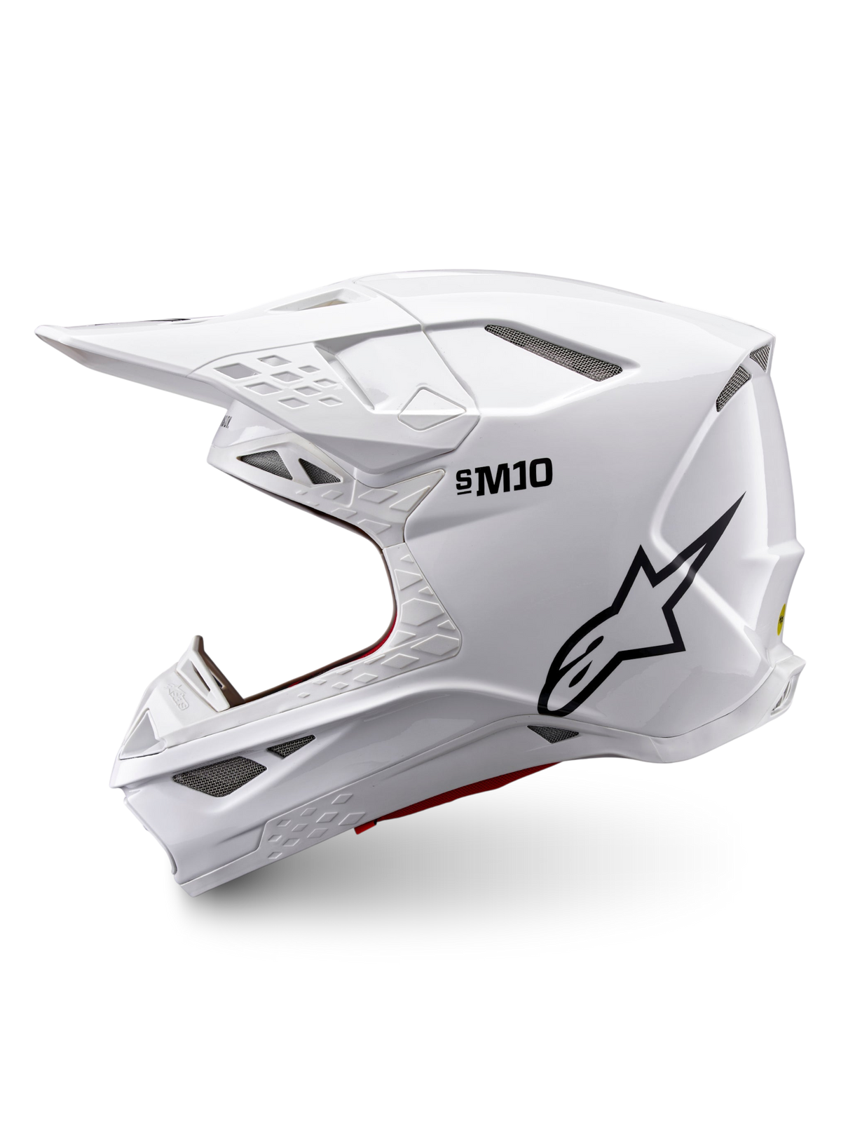 Alpinestars Supertech M10 Solid ECE 22.06, casque de motocross intégral blanc brillant avec logo noir, profil latéral et multiples ouvertures de ventilation