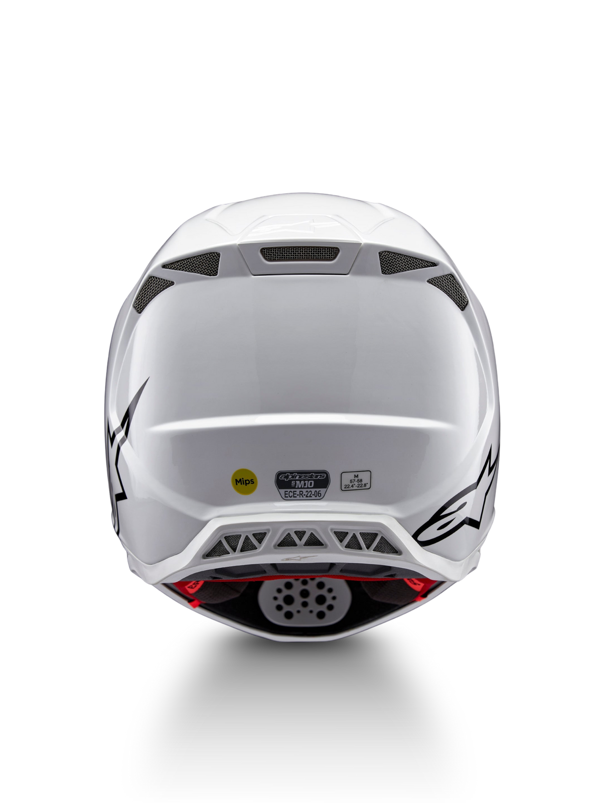 Alpinestars Supertech M10 Solid ECE 22.06, casque de motocross blanc brillant avec graphismes noirs, vue arrière, ouvertures de ventilation, labels MIPS et ECE