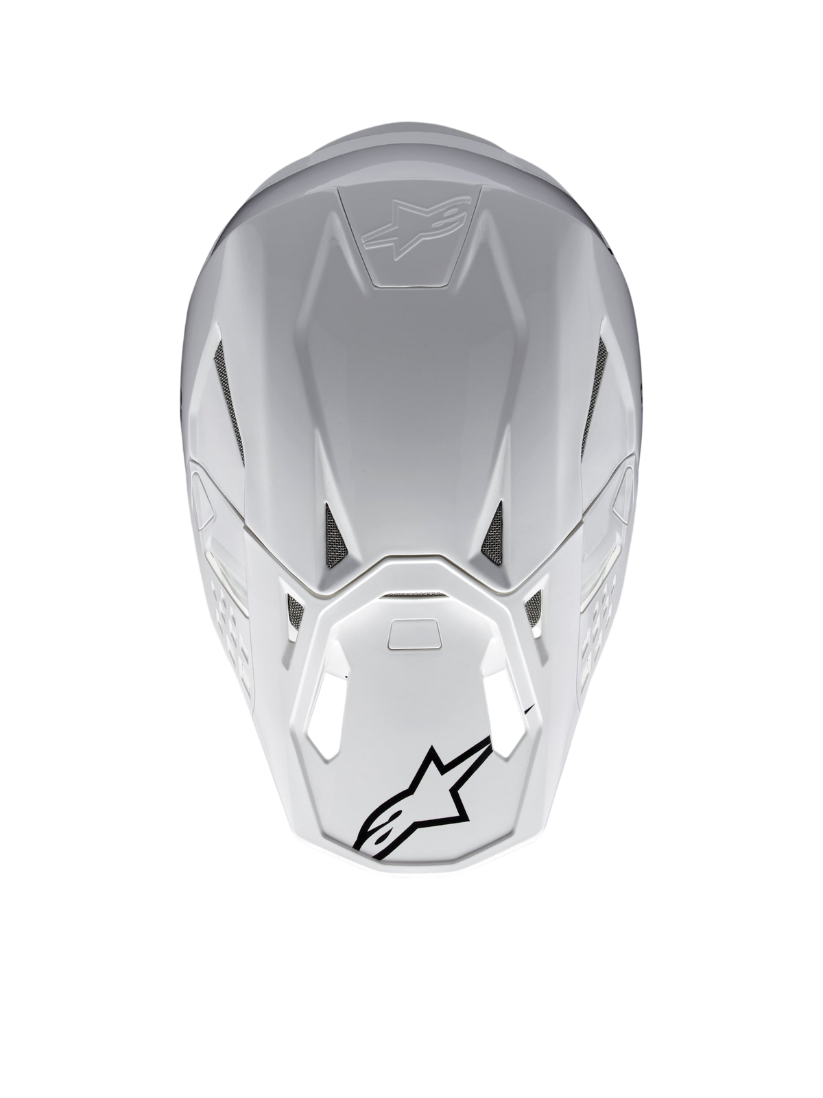 Casque Alpinestars Supertech M10 Solid ECE 22.06, casque de motocross blanc brillant, vue arrière avec ouvertures de ventilation et logos Alpinestars noirs, coque composite carbone et aramide