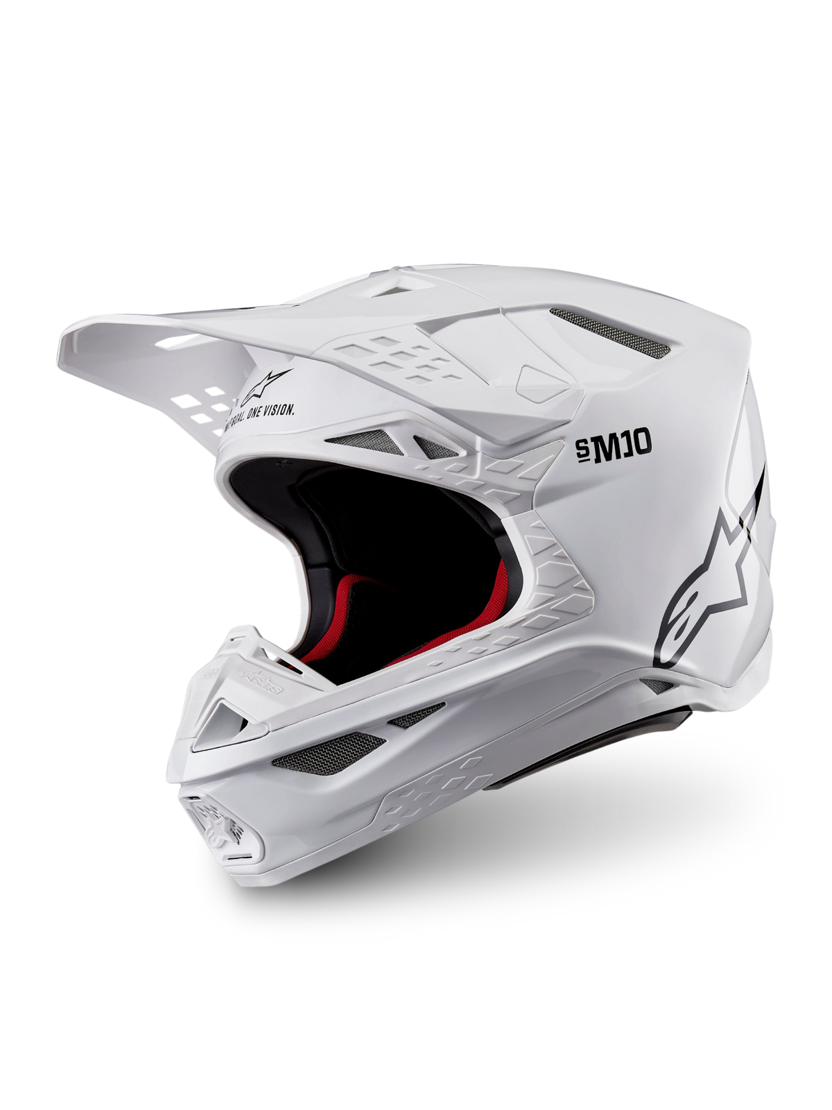 Alpinestars Supertech M10 Solid ECE 22.06, casque de motocross blanc brillant, intérieur noir et rouge, visière et ouvertures de ventilation, vue trois quarts