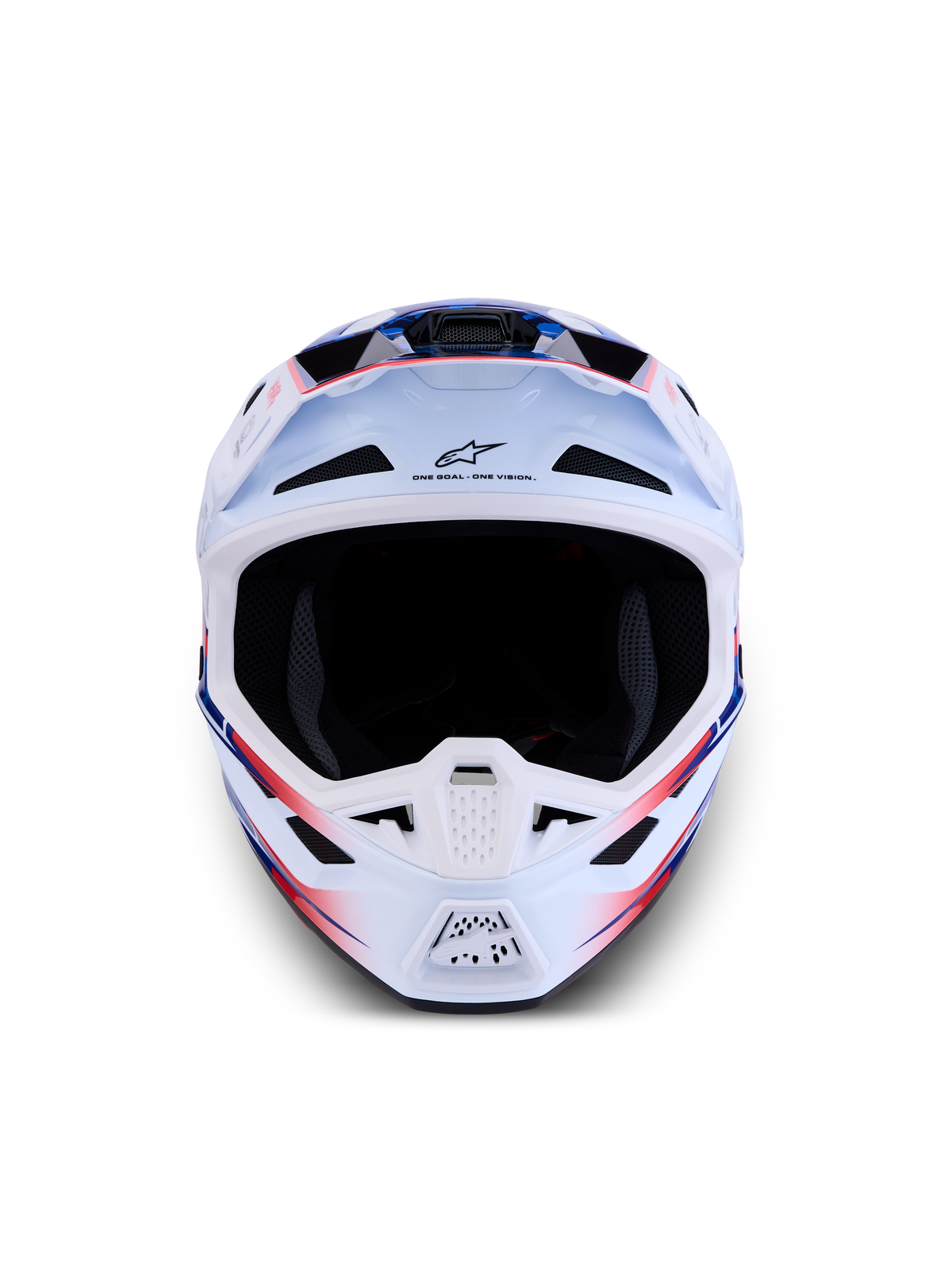 Casque Alpinestars S-M7 Blaster ECE06, casque de motocross tout-terrain, blanc, bleu et rouge, coque composite légère avec finition brillante, certifié ECE 22.06, vue de face