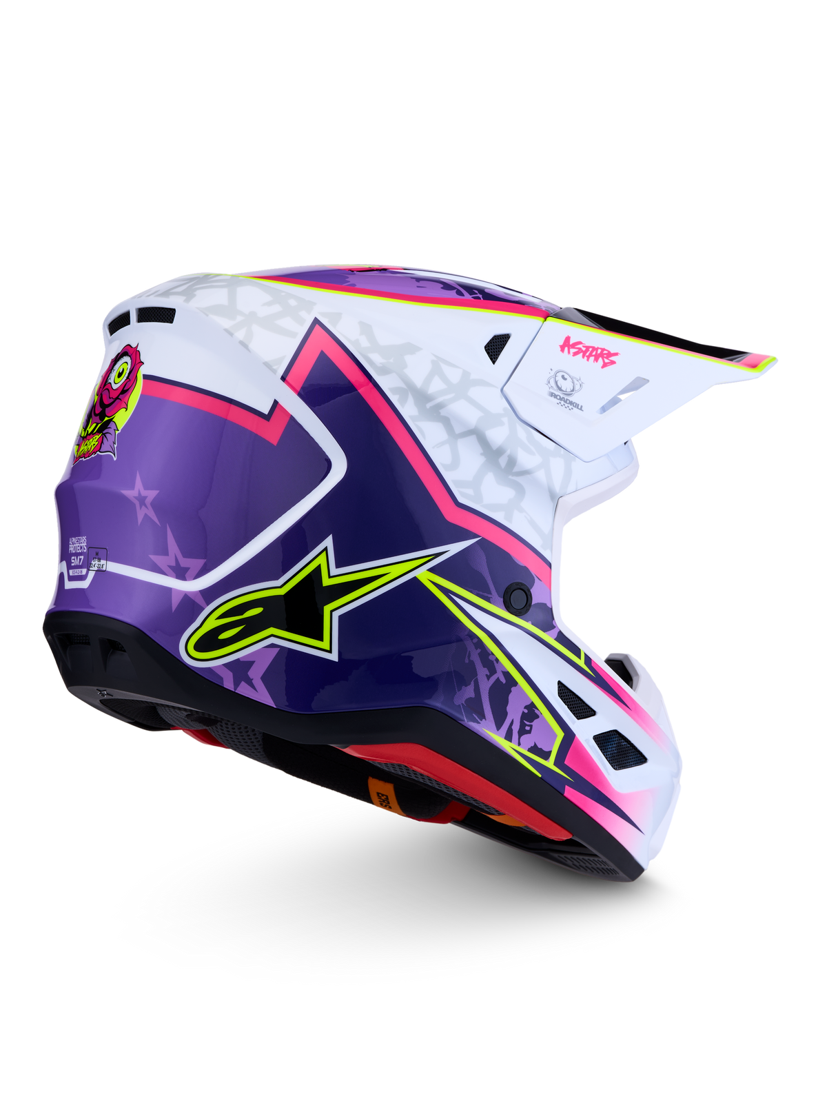 Casque Alpinestars S-M7 Blaster, équipement de motocross violet, rose et blanc brillant, coque aérodynamique, certifié ECE 22.06