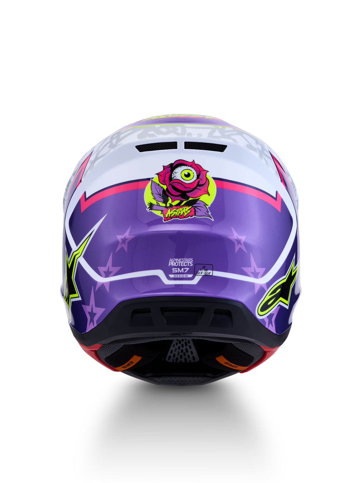 Alpinestars S-M7 Blaster ECE06, casque de motocross violet et rose brillant, vue arrière avec motif de rose et étoiles.