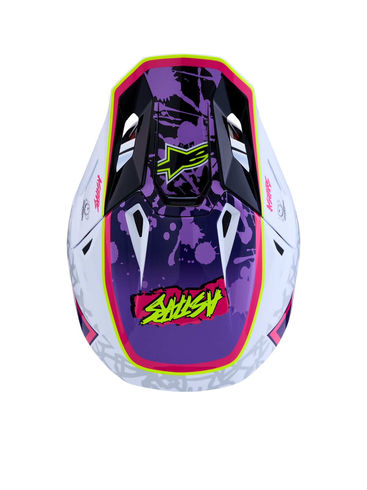 Casque Alpinestars S-M7 Blaster ECE06, casque de motocross violet et rose brillant, accents blancs et aérations aérodynamiques.