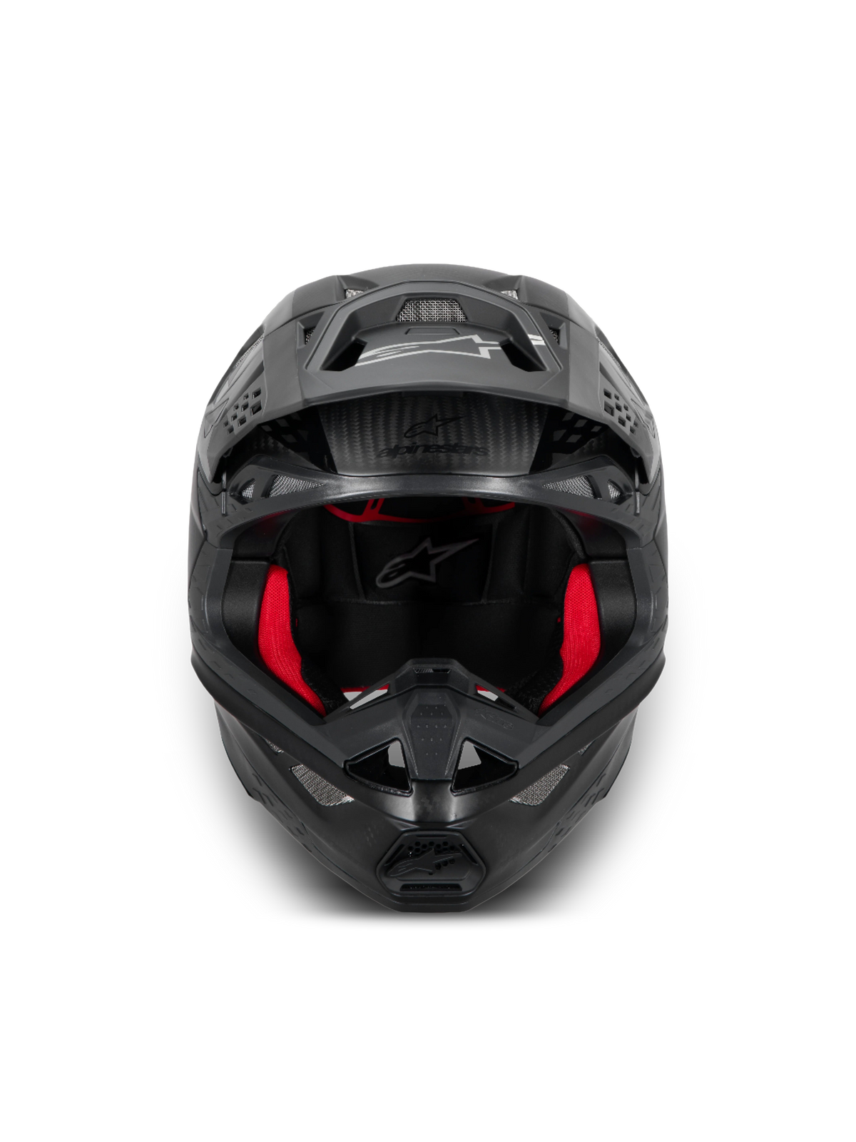 Alpinestars Supertech M10 Fame Helmet, Black Carbon and Red Motocross Helmet, ECE 22.06 certified, carbon construction.
