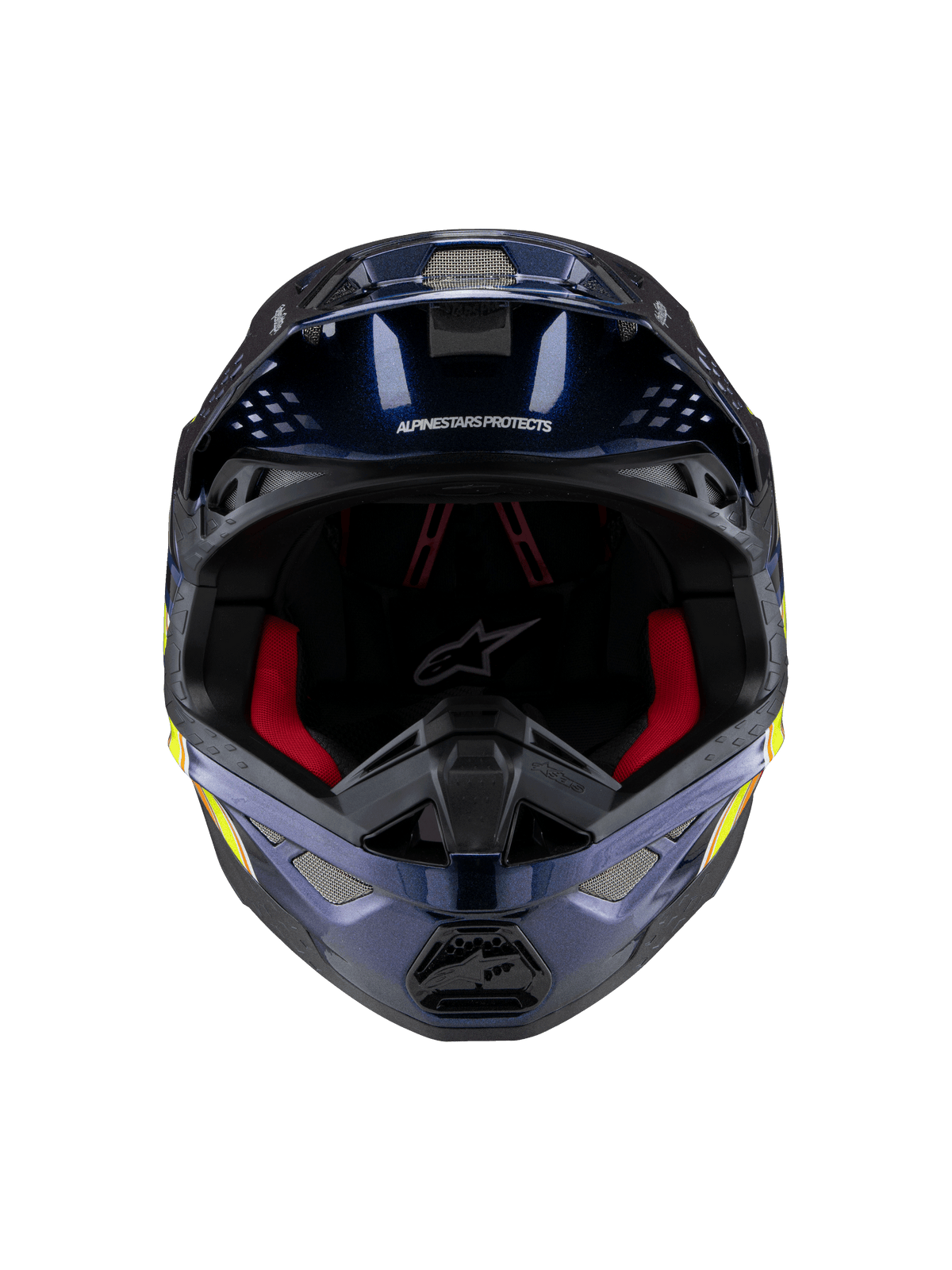 Casque Alpinestars Supertech M10 TLD Edition 25, casque de motocross, bleu foncé métallisé brillant avec rembourrage intérieur rouge, vue de face montrant les grilles de ventilation et les graphismes latéraux jaunes et oranges, protection haut de gamme pour la course tout-terrain.