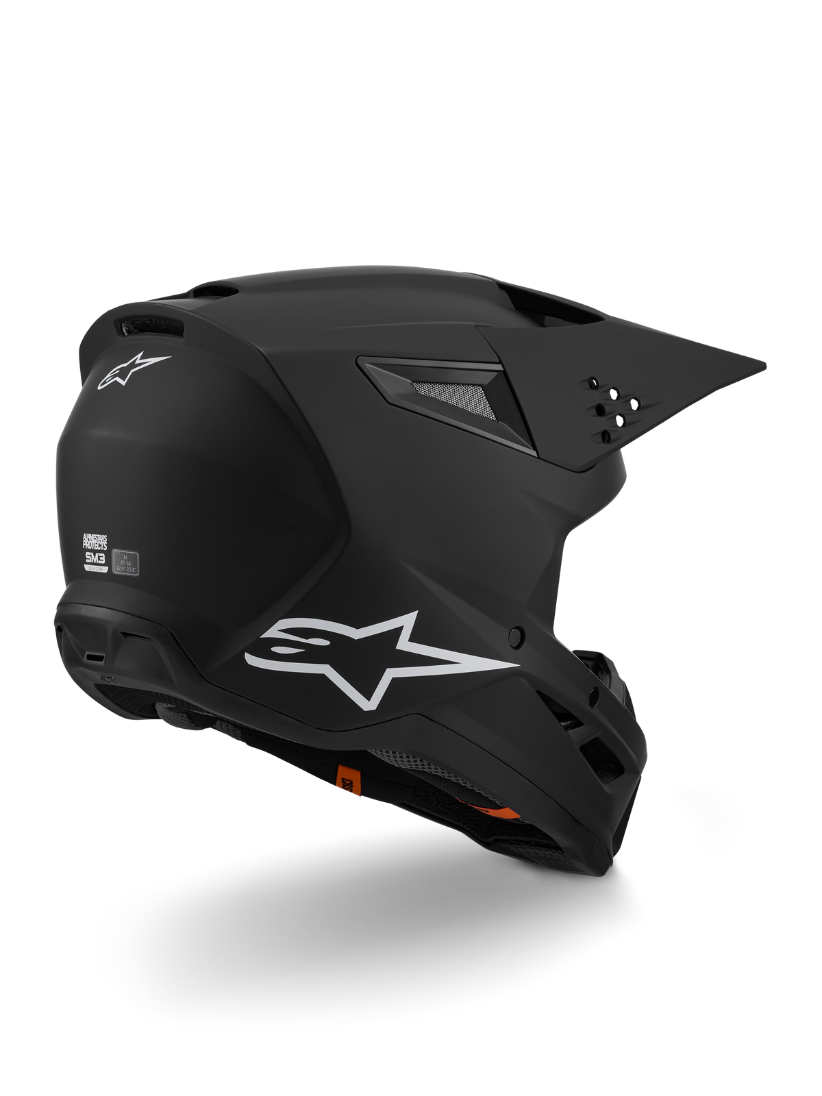 Casque Alpinestars S-M3 Solid ECE 22.06, casque de motocross, noir mat, avec logo Alpinestars blanc sur le côté et à l'arrière, coque aérodynamique avec ports de ventilation intégrés et visière à dégagement rapide, conçu pour la performance en course tout-terrain