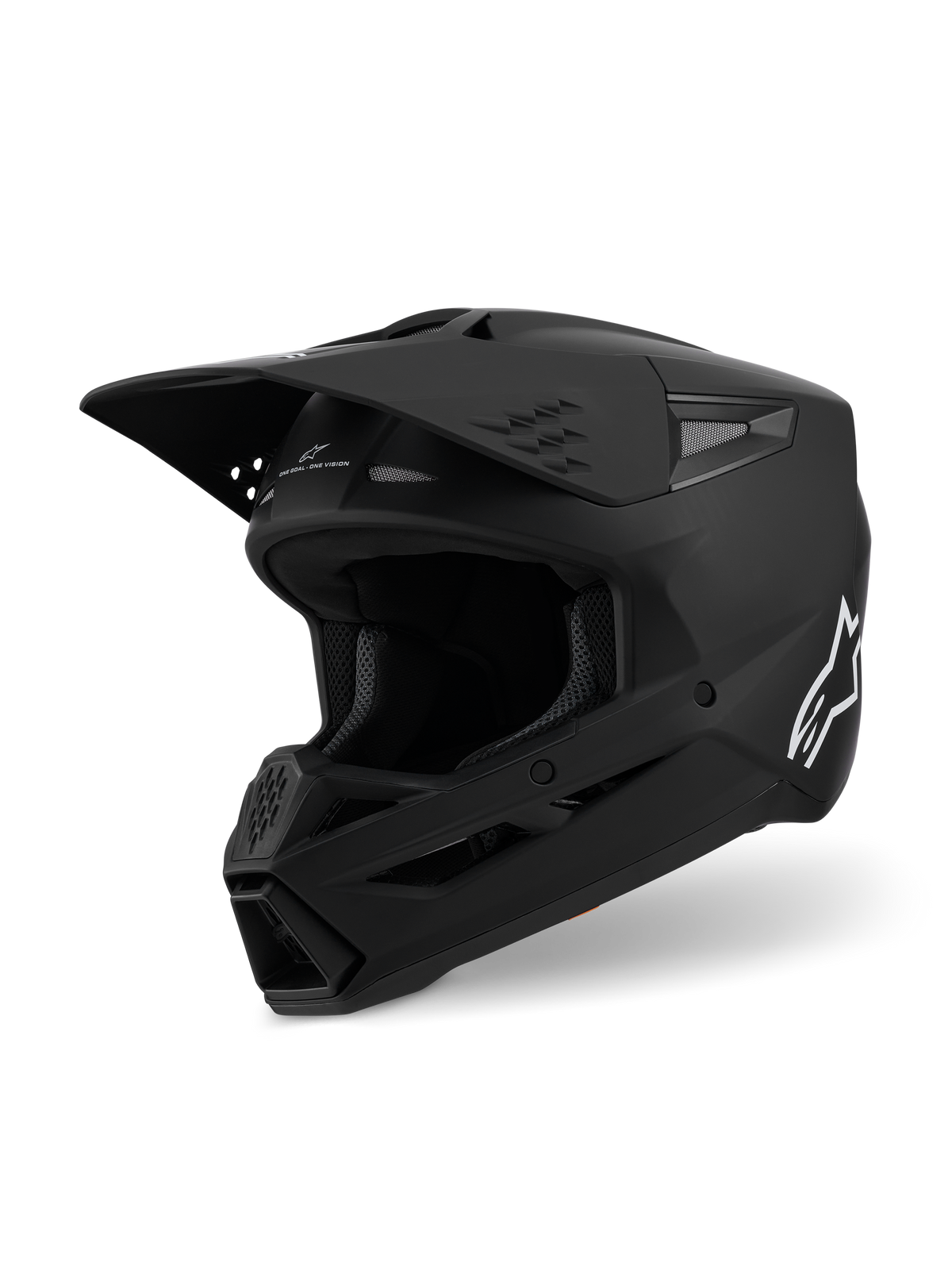 Casque Alpinestars S-M3 Solid ECE 22.06, casque de motocross, noir mat, vue de trois-quarts présentant une grande visière et des entrées d'air, coque aérodynamique épurée avec logo Alpinestars blanc, équipement de course tout-terrain professionnel