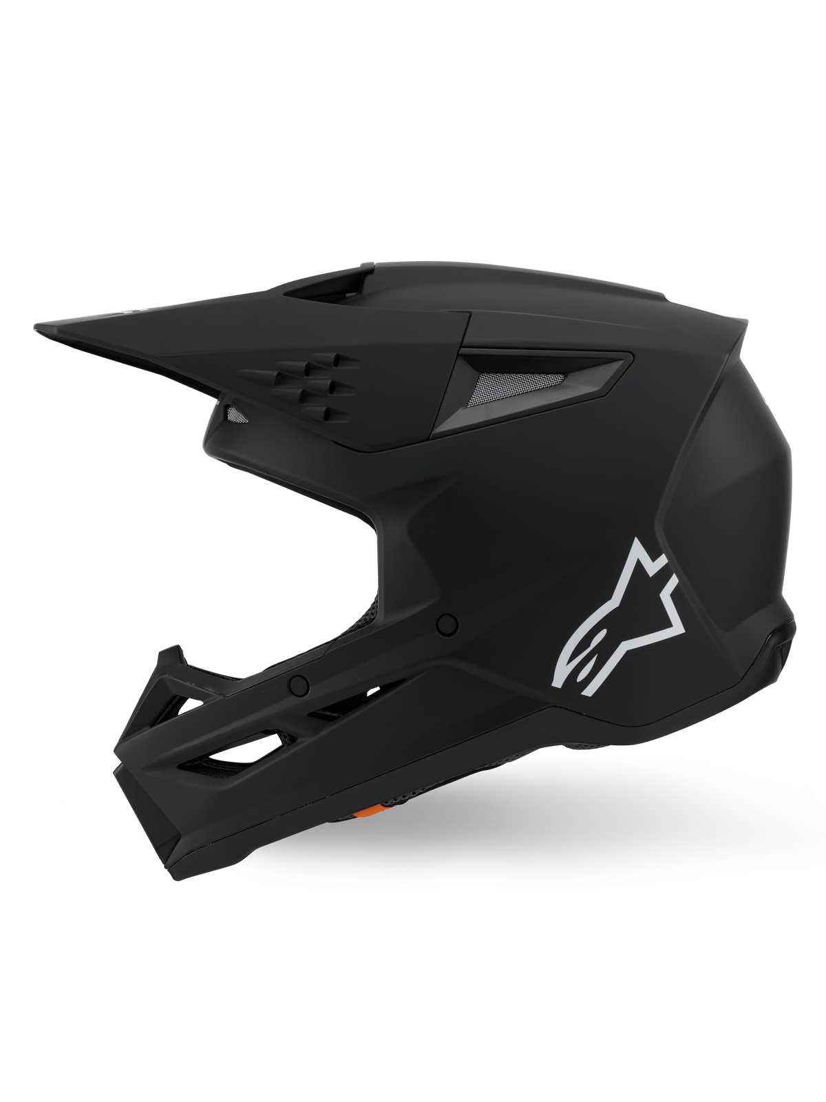 Alpinestars S-M3 Solid Helmet ECE 22.06, casque de motocross, noir mat, vue de profil présentant un logo Astars blanc, conception de coque angulaire avec ports de ventilation intégrés et visière de protection, équipement de performance pour la course tout-terrain