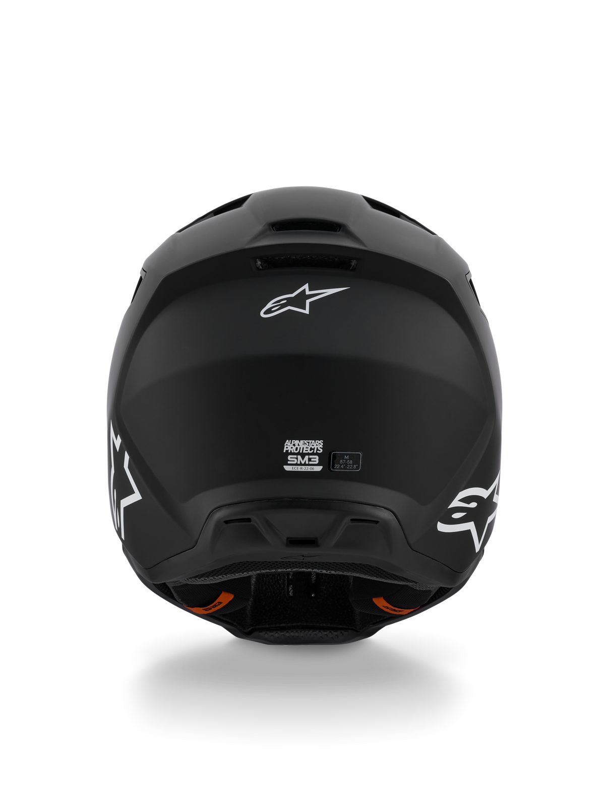 Alpinestars S-M3 Solid Helmet ECE 22.06, casque de motocross, noir mat, vue arrière montrant les logos Alpinestars Astar blancs, ports d'échappement de ventilation à la base, finition mate élégante pour la course tout-terrain