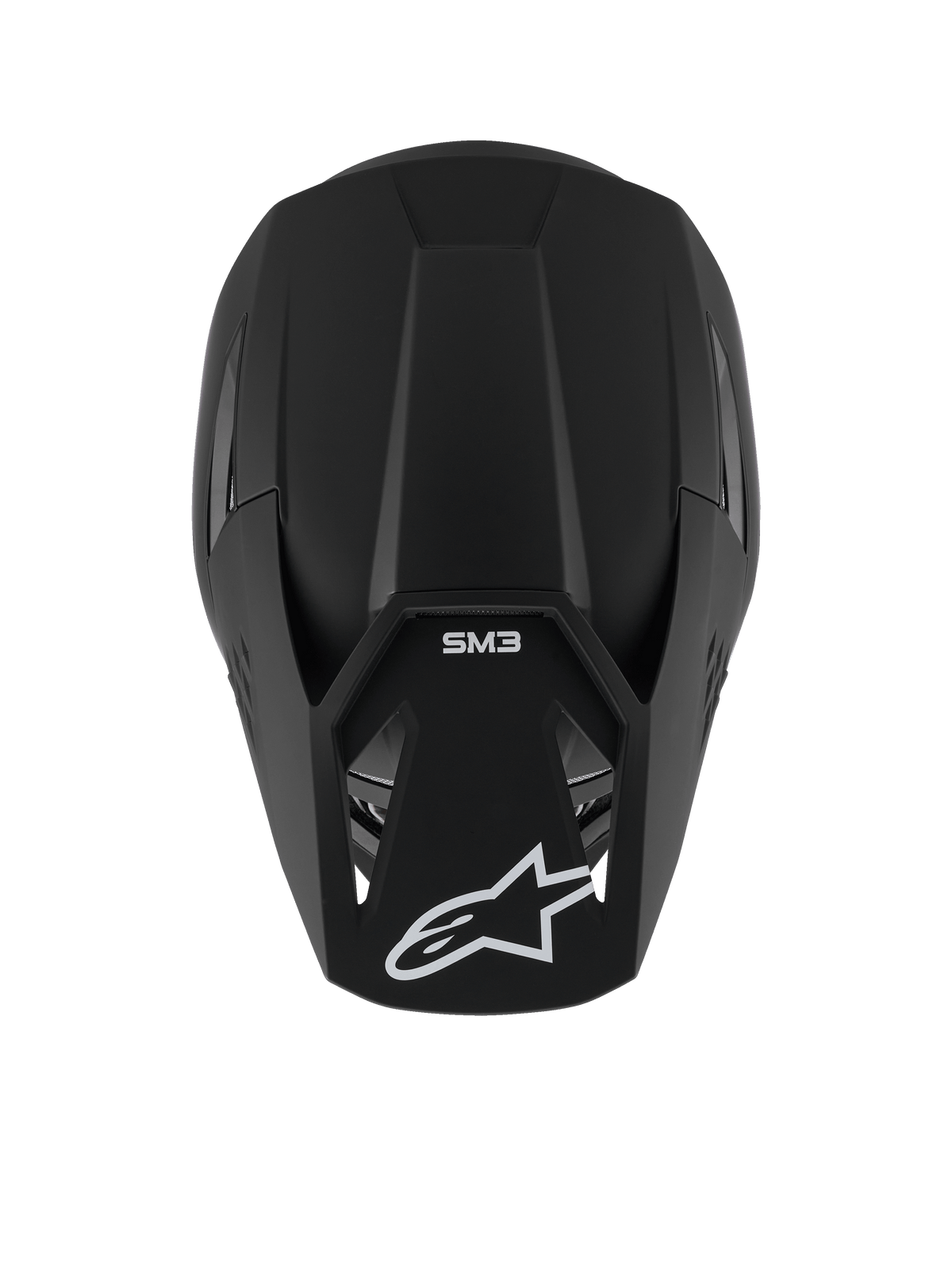 Casque Alpinestars S-M3 Solid, casque de motocross, noir mat, vue de dessus montrant la texture mate et la coque aérodynamique, avec le logo étoile Alpinestars blanc sur la visière et le marquage SM3, protection de tête haut de gamme pour le tout-terrain