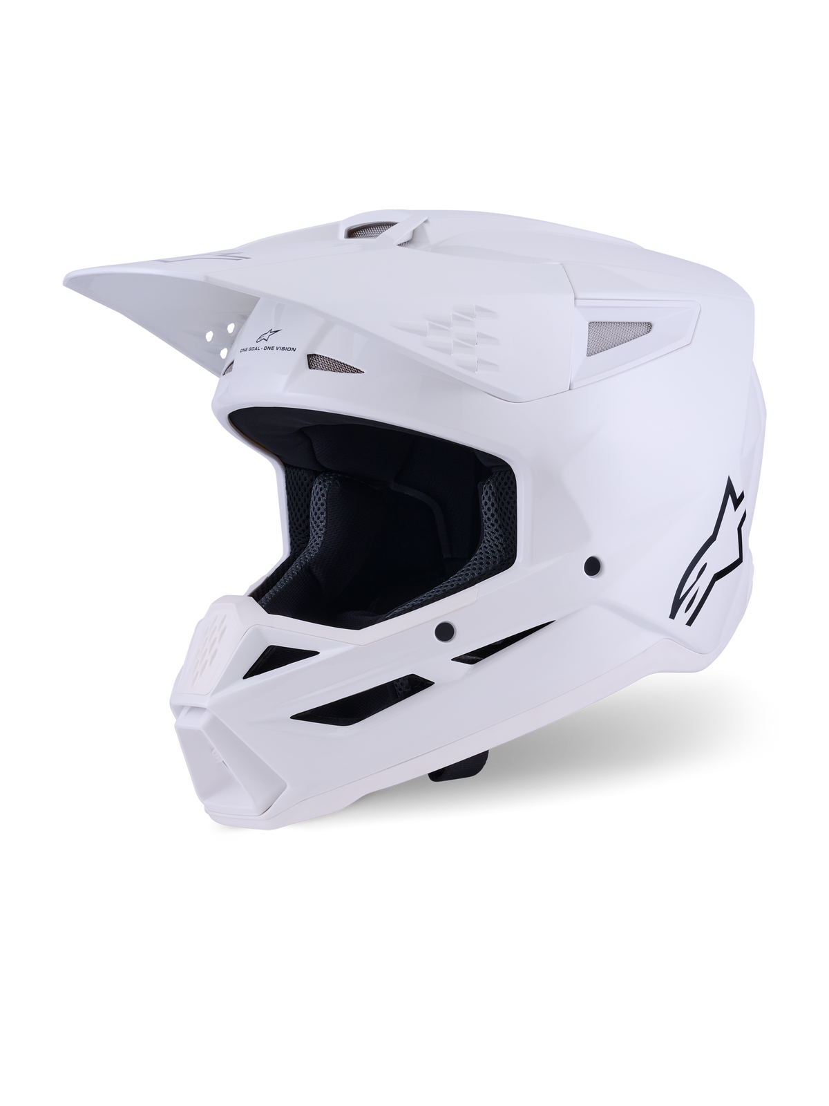 Alpinestars S-M3 Solid Helmet, Motocross Helmet, White Glossy, full-face off-road head protector featuring a prominent visor, multiple intake vents, and a black Alpinestars logo on the side profile