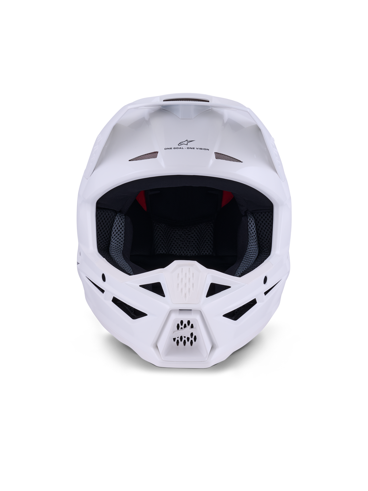 Alpinestars S-M3 Solid Helmet ECE 22.06, Motocross Helmet, White Glossy, front view featuring multiple ventilation intake ports on the chin and forehead, sleek aerodynamic shell with visor, 'ONE GOAL - ONE VISION' branding, and mesh interior liner for off-road racing protection.