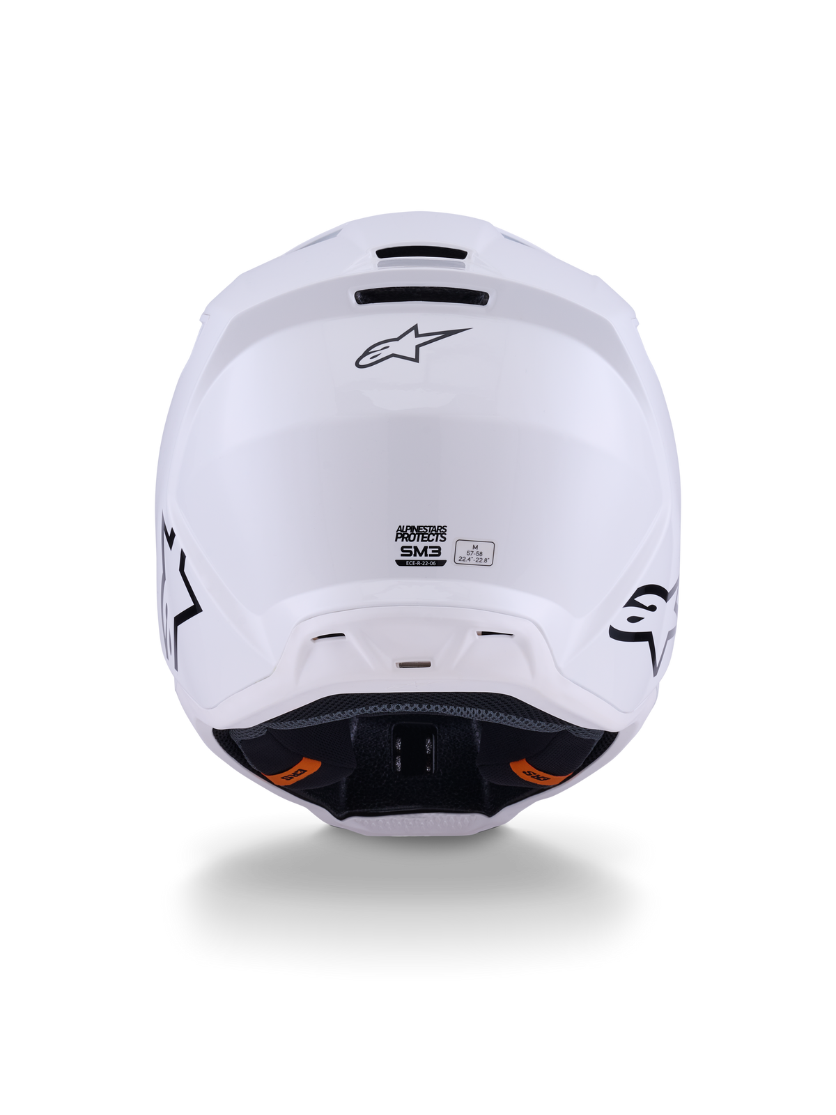 Alpinestars S-M3 Solid Helmet ECE 22.06, Motocross Helmet, White Glossy, Rear view displaying exhaust ventilation ports, Alpinestars logo, and safety certification label, designed for off-road performance