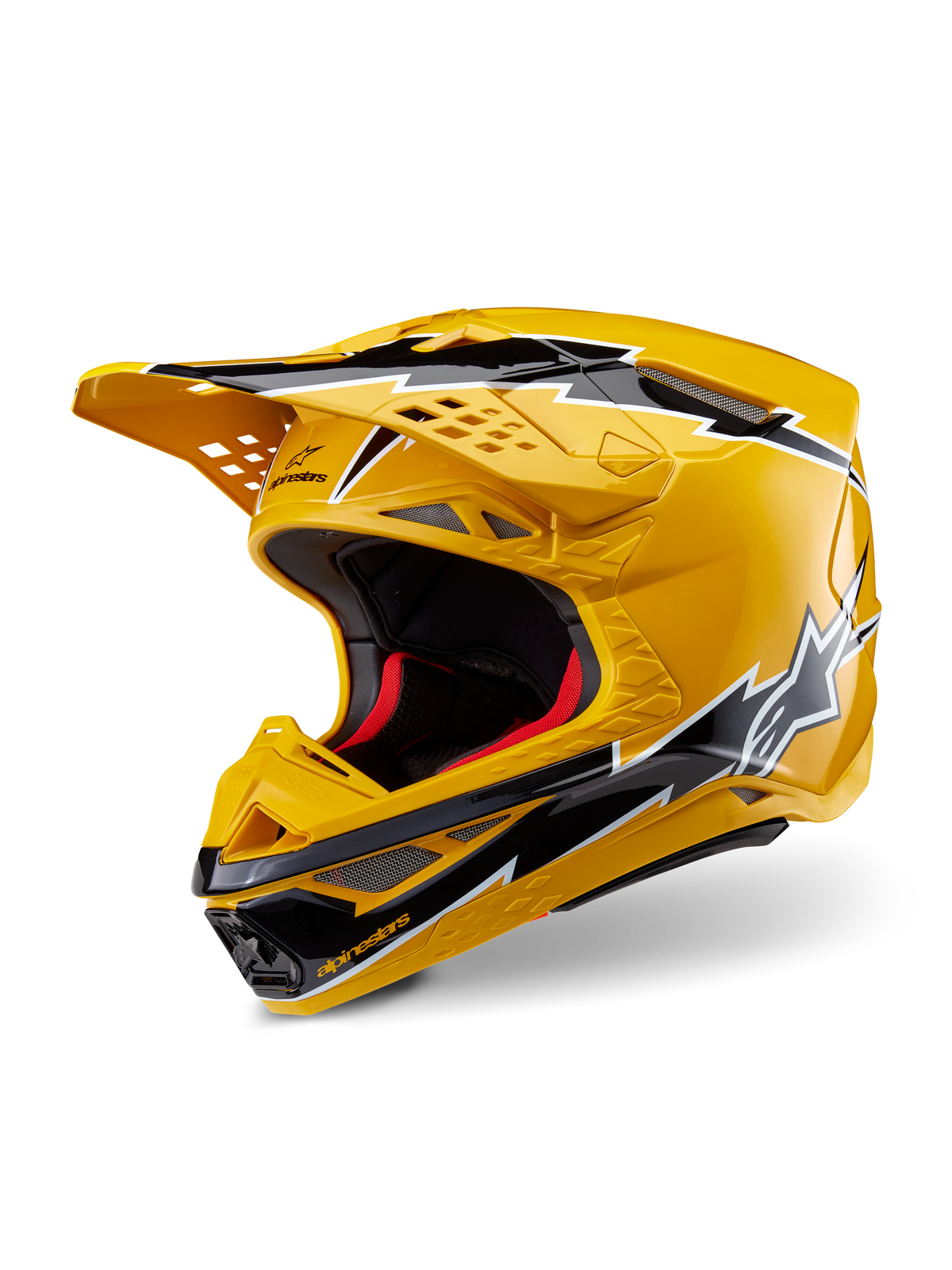 Casque Alpinestars Supertech M10 Ampress, casque de motocross, jaune et noir brillant, doté de graphismes en forme d'éclairs, d'une visière ventilée et d'un design aérodynamique, protection tout-terrain haute performance