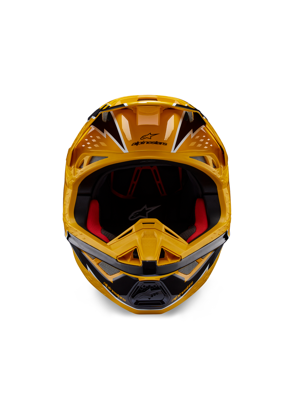 Casque Alpinestars Supertech M10 Ampress, casque de motocross, jaune et noir brillant, vue frontale montrant des graphismes angulaires audacieux, logo Alpinestars sur la visière, rembourrage intérieur rouge, coque aérodynamique pour la compétition de motocross professionnelle