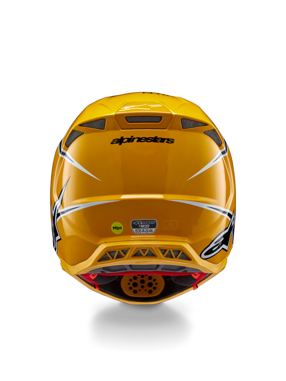 Casque Alpinestars Supertech M10 Ampress, vue arrière, jaune brillant avec des accents noirs et blancs, doté d'extracteurs d'air arrière, stickers MIPS et ECE 22.06, protection de tête professionnelle pour le motocross