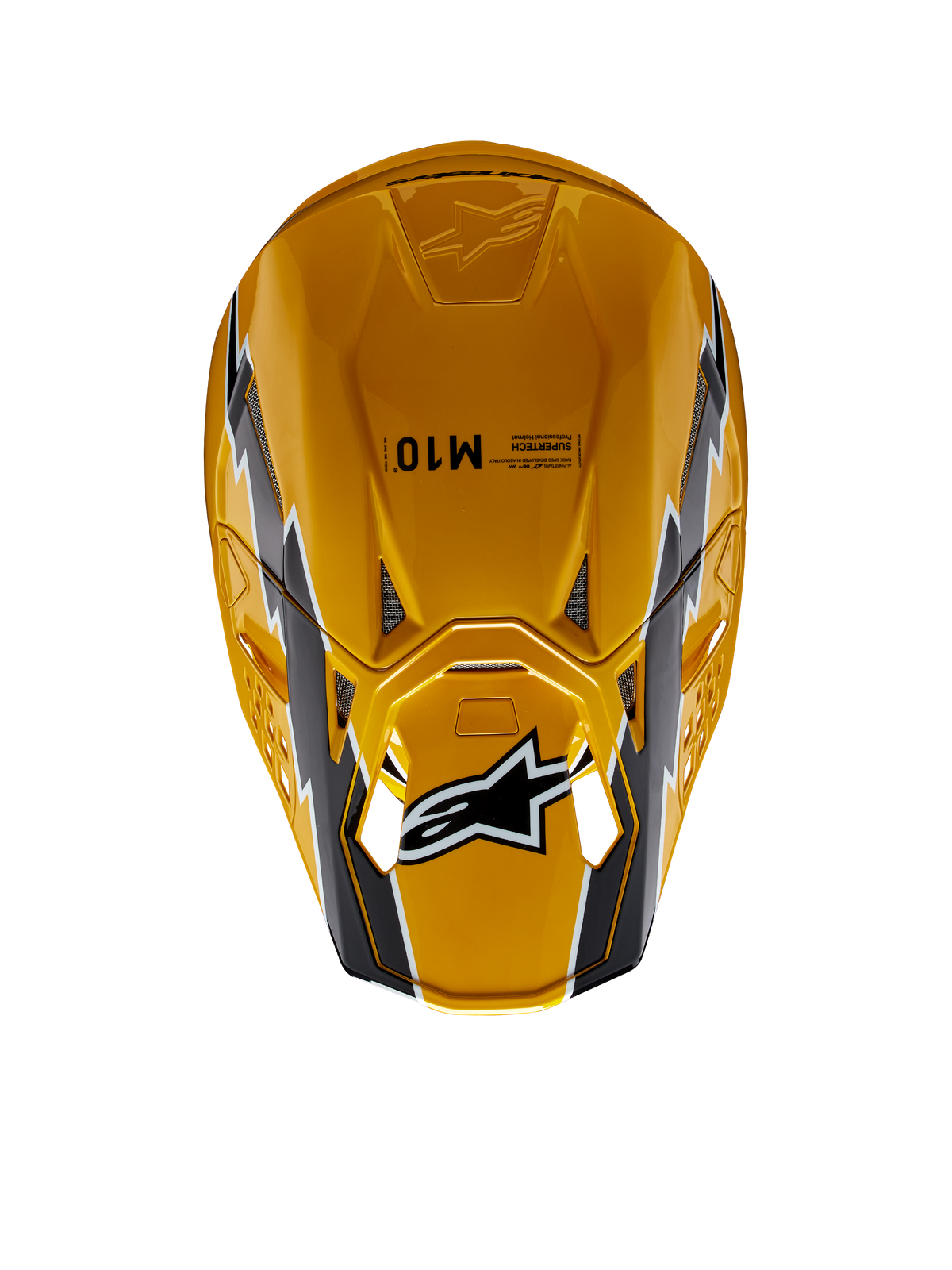 Casque Alpinestars Supertech M10 Ampress, casque de motocross, noir et jaune brillant, vue de dessus présentant une finition jaune brillante avec des graphismes noirs et blancs, logo Alpinestars sur la visière et coque aérodynamique avec orifices de ventilation.