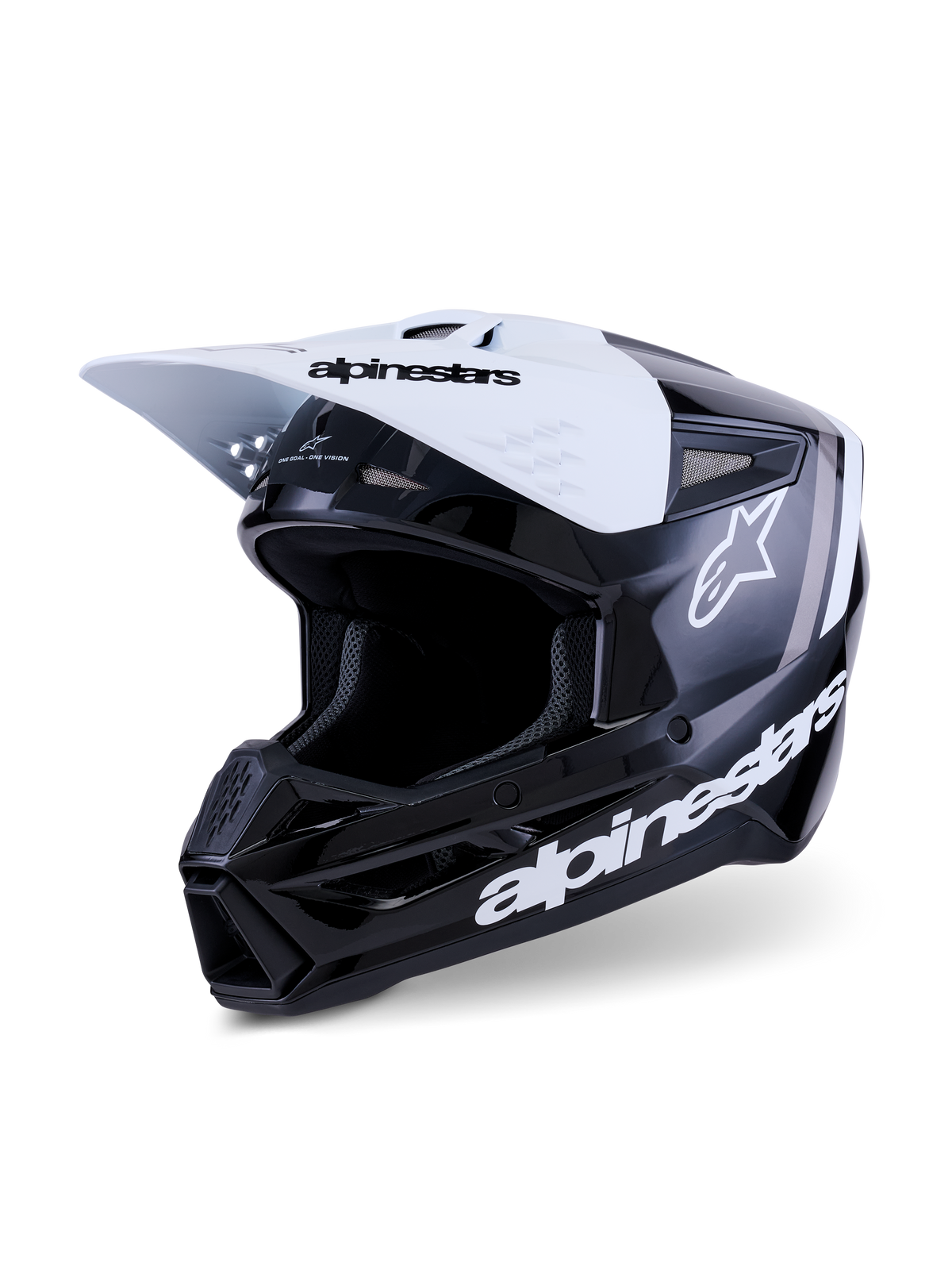 Casque Alpinestars S-M3 Radium, casque de motocross, noir, blanc et gris brillant, doté d'une visière blanche avec logo noir, coque noire brillante avec logos Alpinestars blancs proéminents et accents graphiques gris, design aérodynamique pour la course tout-terrain