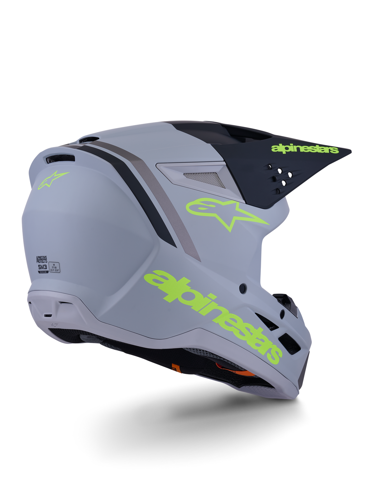 Alpinestars S-M3 Radium Helmet, casque de motocross, gris, noir et jaune fluo mat, design intégral avec coque angulaire, visière proéminente et ports de ventilation, finition mate avec graphismes audacieux