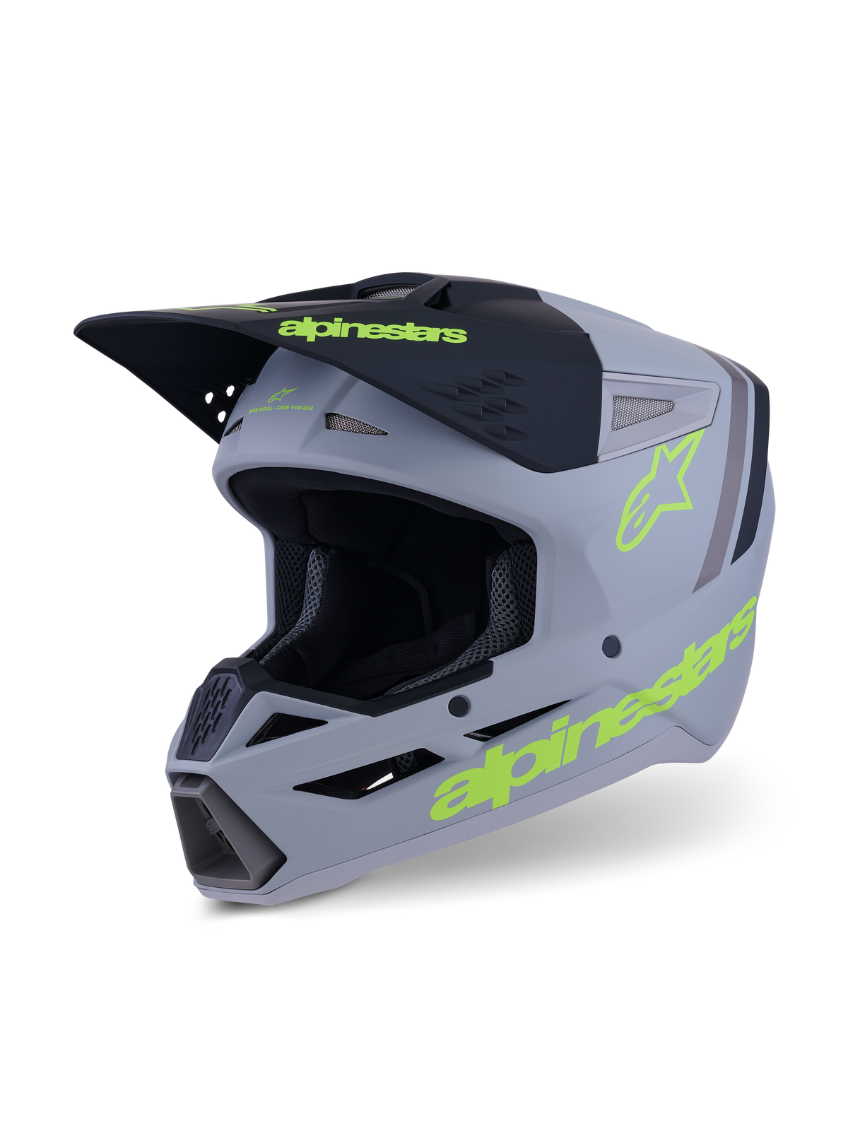 Casque Alpinestars S-M3 Radium, casque de motocross et d'enduro, gris, noir et jaune fluo mat, vue de trois-quarts montrant un design de coque agressif, des entrées d'air ventilées et des logos jaunes vifs