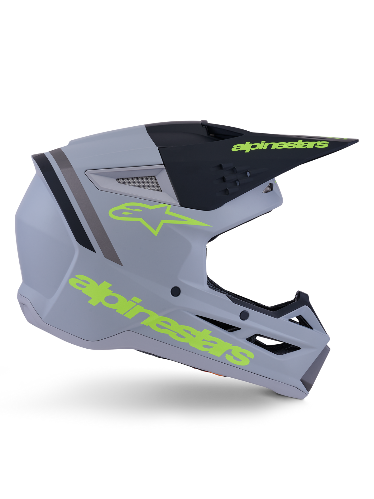 Alpinestars S-M3 Radium Helmet ECE 22.06, casque de motocross, gris mat, noir et jaune fluo, doté d'un design aérodynamique angulaire avec visière et système de ventilation intégré