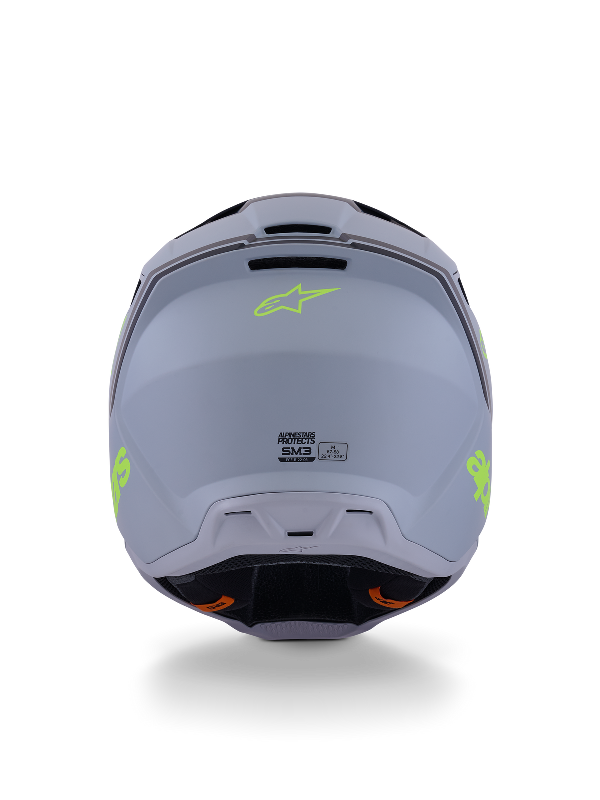 Casque Alpinestars S-M3 Radium, casque de motocross, vert, noir et jaune fluo mat, vue arrière montrant la finition mate de la coque, le logo Alpinestars jaune fluo et les détails de la certification ECE 22.06.