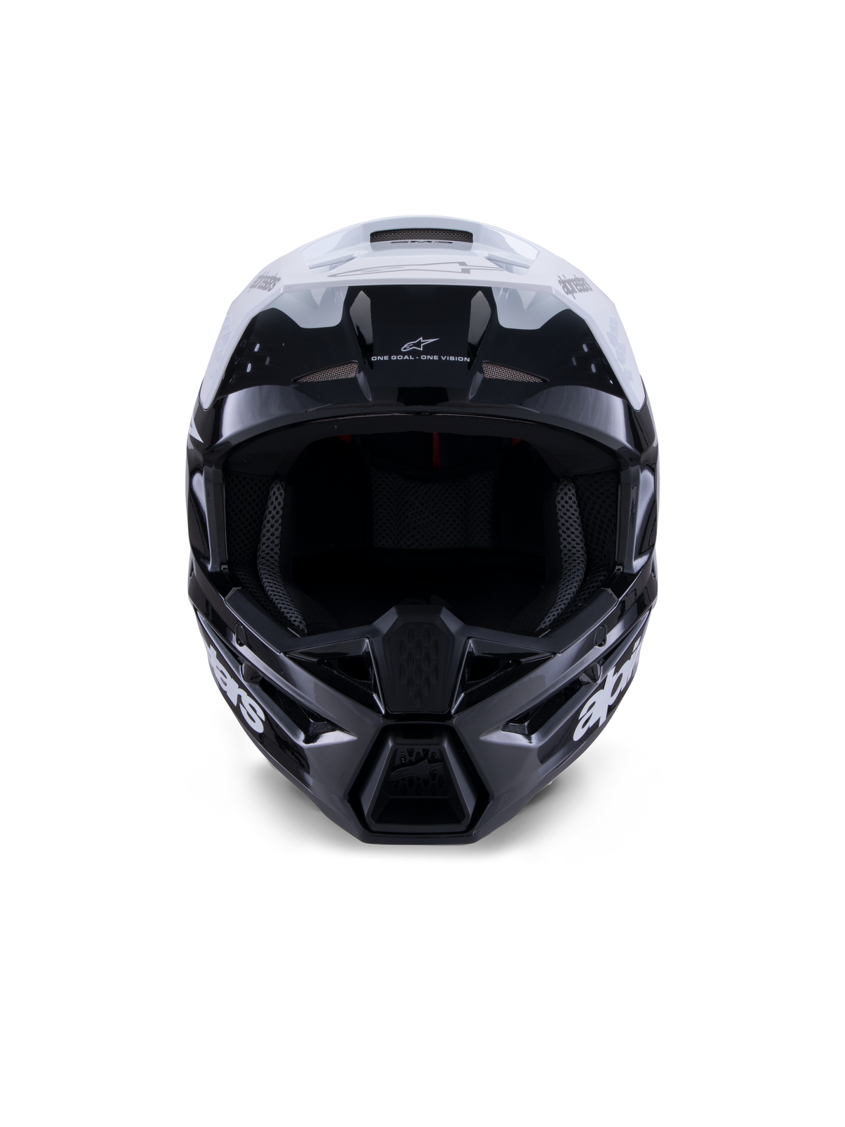 Casque Alpinestars S-M3 Radium, casque de motocross, noir, blanc et gris brillant, vue de face, présentant un design de coque agressif avec une visière blanche, une mentonnière noire et des orifices de ventilation doublés de maille.