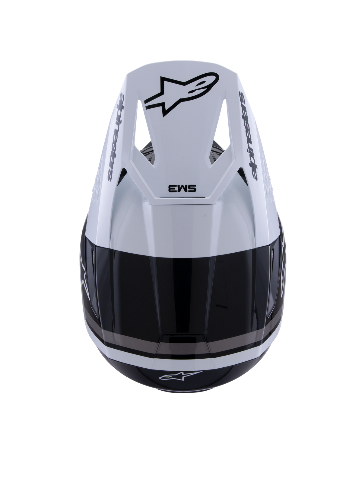 Alpinestars S-M3 Radium Helmet, casque de motocross, noir, blanc et gris brillant, vue de dessus montrant la visière blanche avec le logo Astar noir et le marquage SM3, finition brillante avec ports de ventilation, protection de tête haute performance pour le tout-terrain