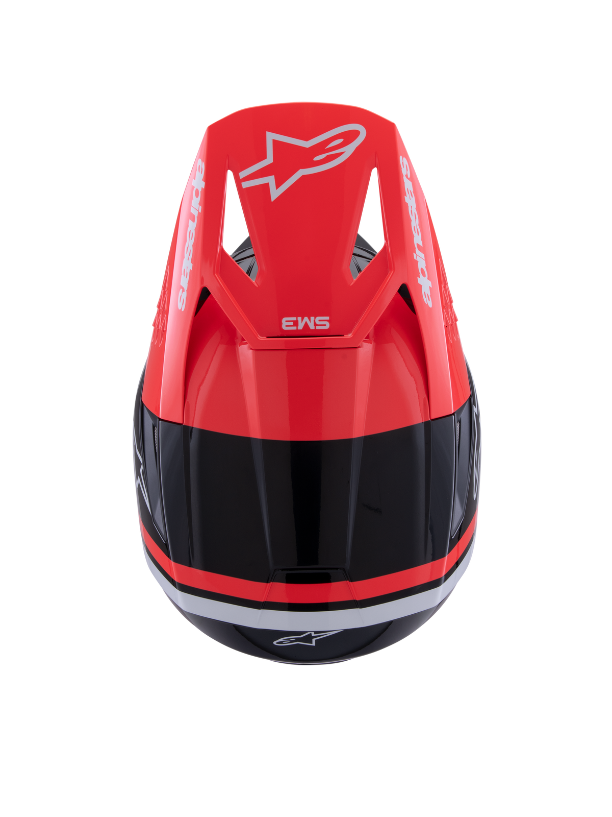 Alpinestars S-M3 Radium Helmet, Motocross Helmet, Black Red Fluo and White Glossy, top view featuring the red fluo visor with white Alpinestars branding and sleek aerodynamic design.