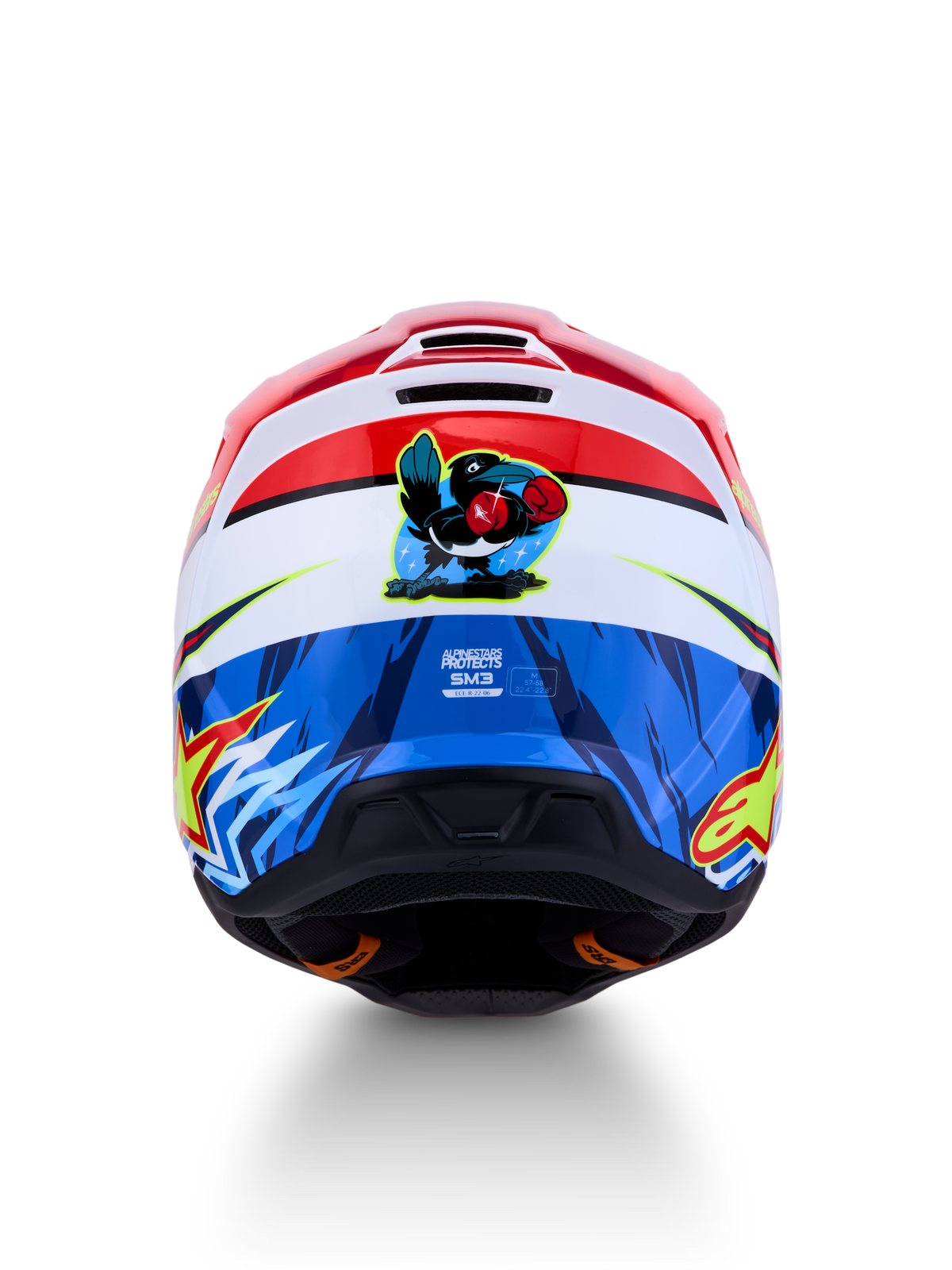 Alpinestars SM3 Falcon Helmet ECE06, Red and Blue Motocross Helmet featuring a cartoon falcon graphic on the rear.