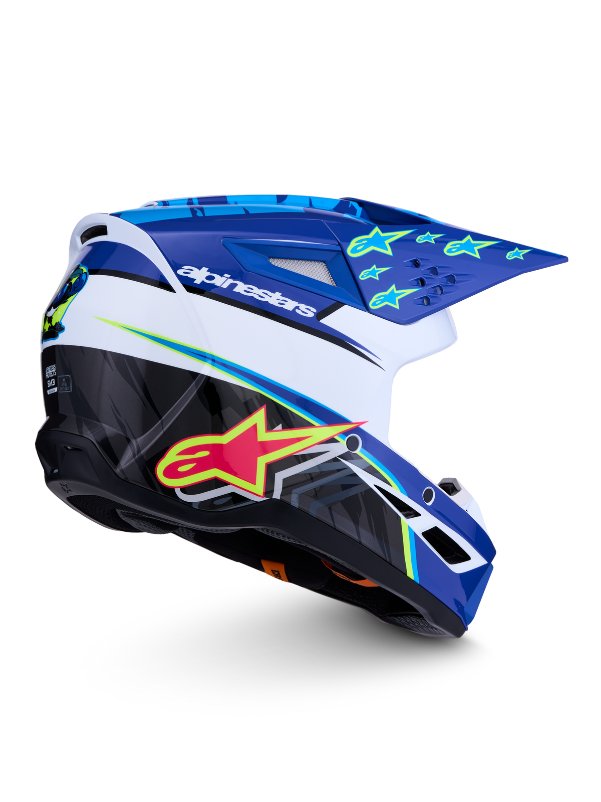 Alpinestars SM3 Falcon Helmet ECE06, blue, white, and black motocross helmet with fluo yellow accents and glossy finish.