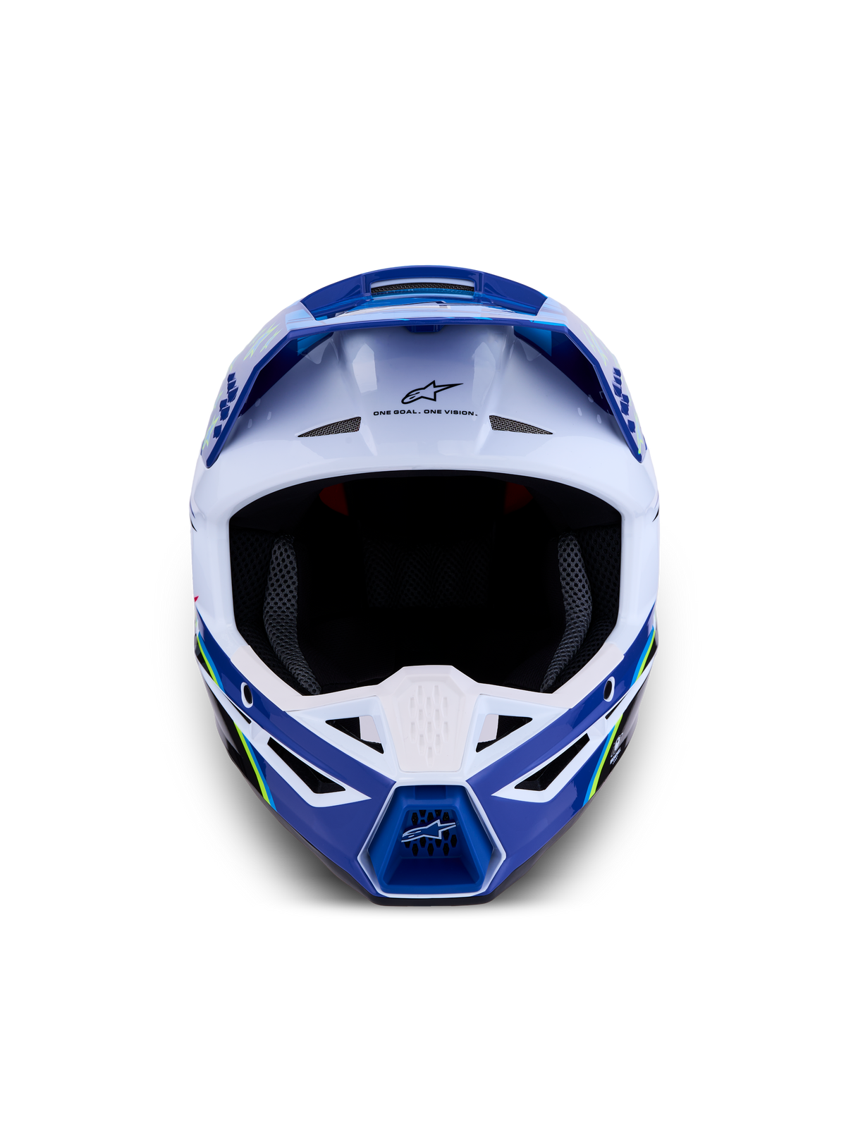 Alpinestars SM3 Falcon Helmet ECE06, Blue and White Motocross Helmet, ECE 2206 certified off-road protection.