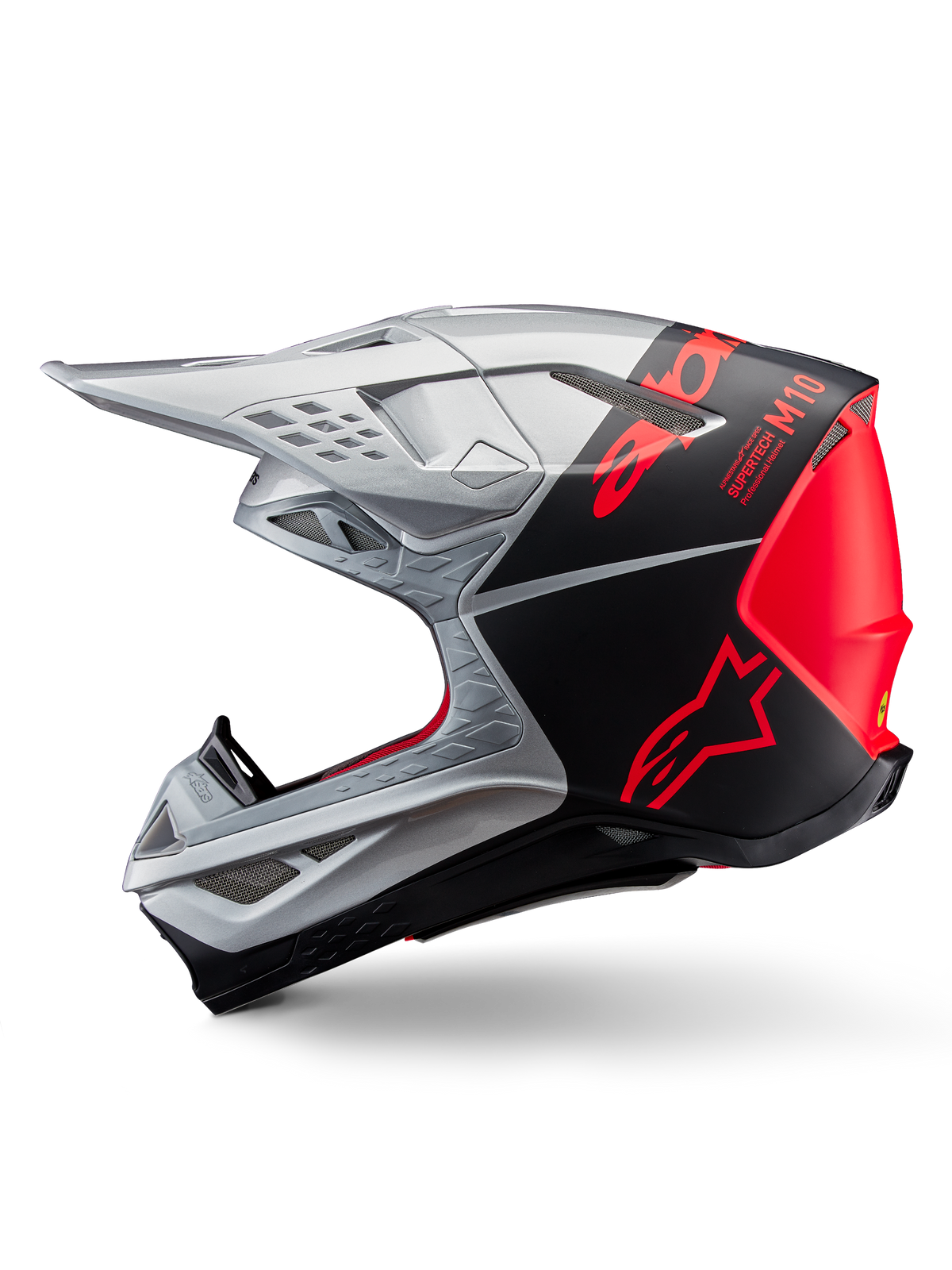 Alpinestars Supertech M10 Flood Helmet, Motocross Helmet, Silver and Black with Fluorescent Orange accents, side profile, sleek aerodynamic design with ventilation ports, matte and glossy finish, professional off-road racing protection