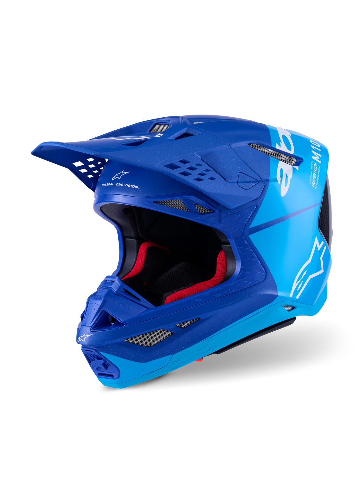 Casque Alpinestars Supertech M10 Flood, casque de motocross, bleu métallisé et bleu moyen avec accents en fibre de carbone noire, logos blancs et marquage M10, multiples orifices de ventilation et rembourrage intérieur rouge, conçu pour la performance tout-terrain professionnelle.
