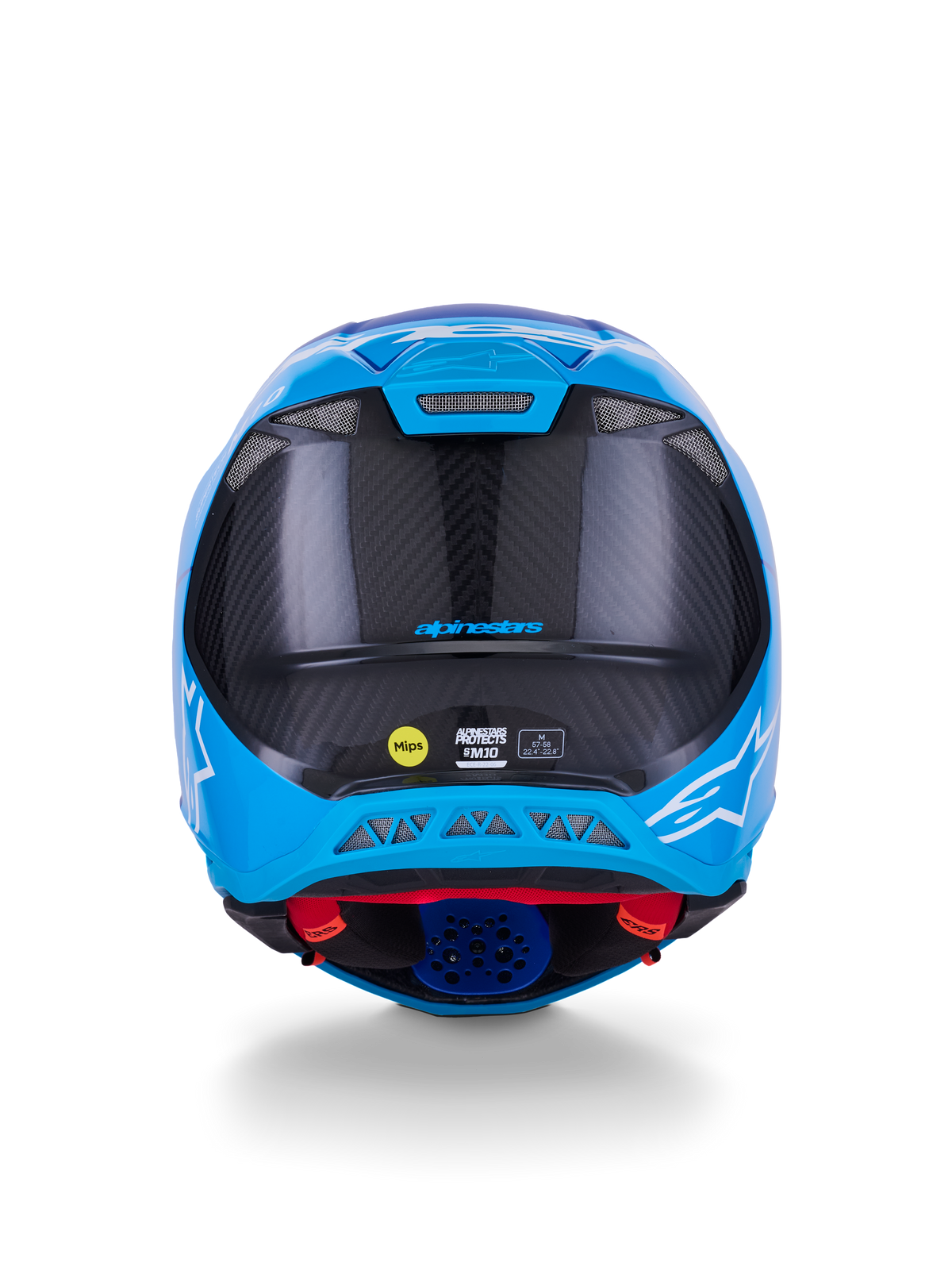 Casque Alpinestars Supertech M10 Flood, casque de motocross, bleu métallique et bleu moyen avec fibre de carbone noire, vue arrière montrant la texture du carbone 3K, logos d'étoiles blanches, autocollant MIPS et orifices de ventilation