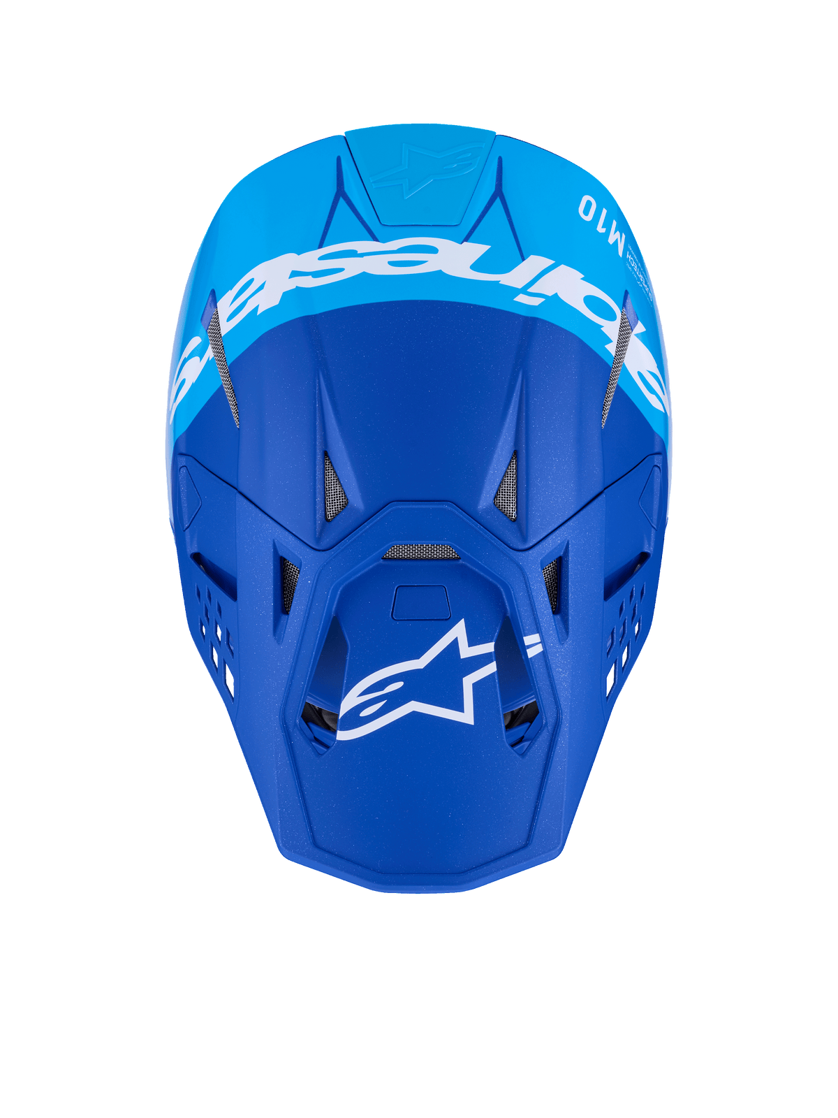Casque Alpinestars Supertech M10 Flood, casque de motocross, bleu foncé et bleu clair, vue de dessus avec logo Alpinestars blanc et orifices de ventilation, casque de course tout-terrain professionnel à finition mate